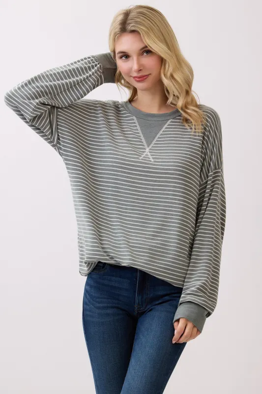 Olive Striped Crew Neck Pullover Top sold by Pinkblush