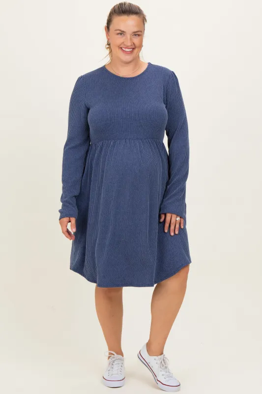 Navy Textured Rib Long Sleeve Maternity Plus Dress sold by Pinkblush