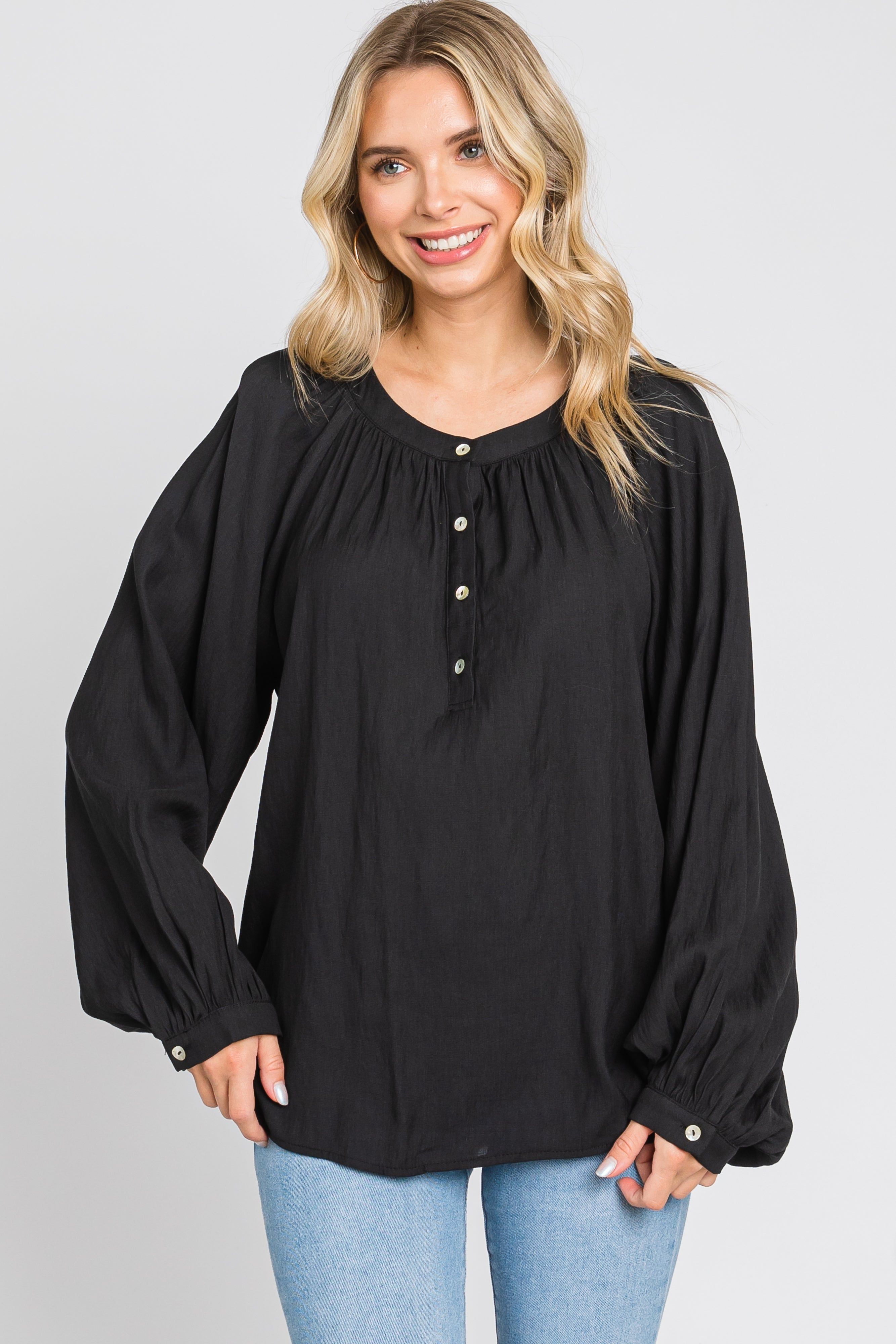Black Button Front Long Puff Sleeve Top sold by Pinkblush