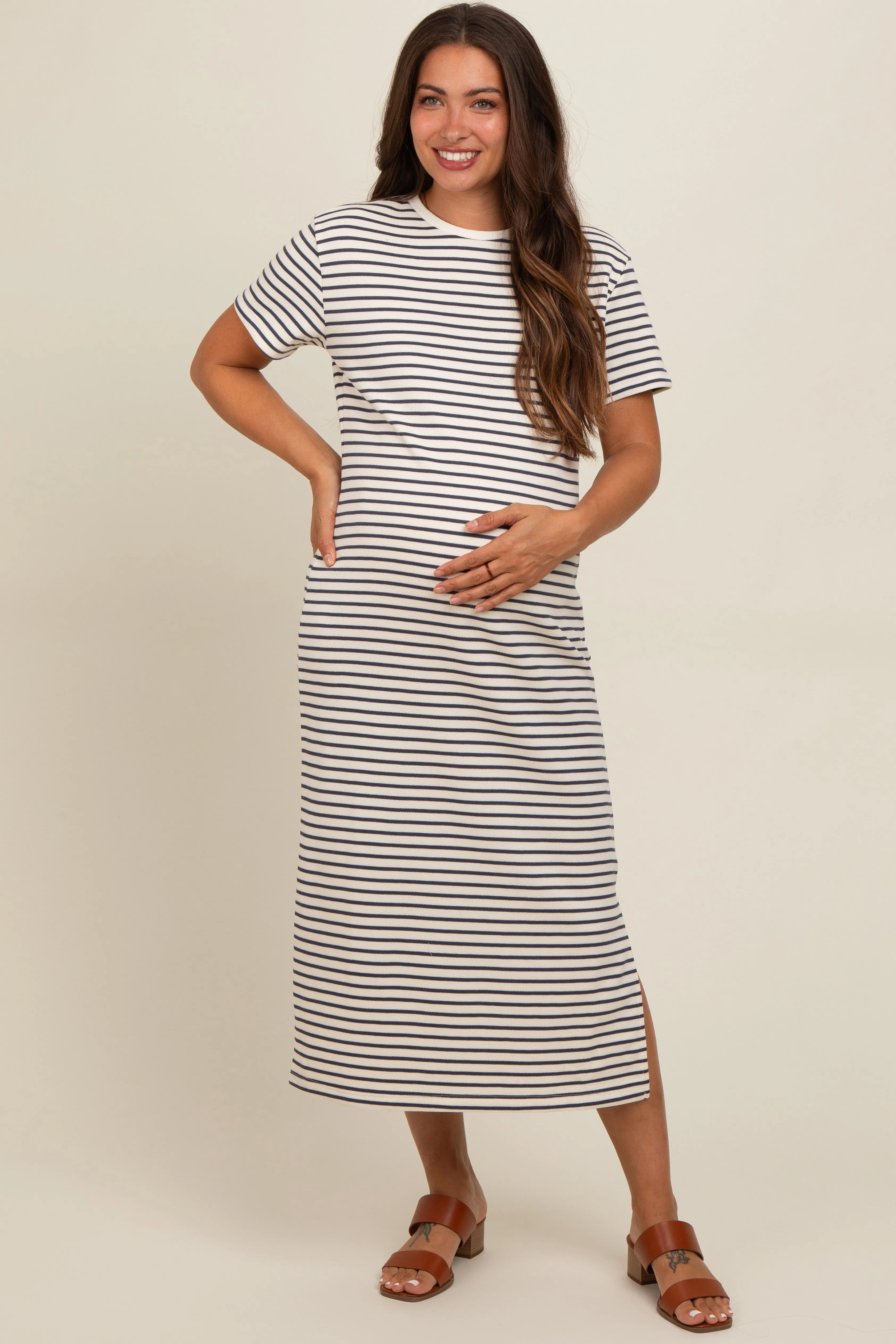 Navy Striped Short Sleeve Maternity T-Shirt Midi Dress sold by Pinkblush
