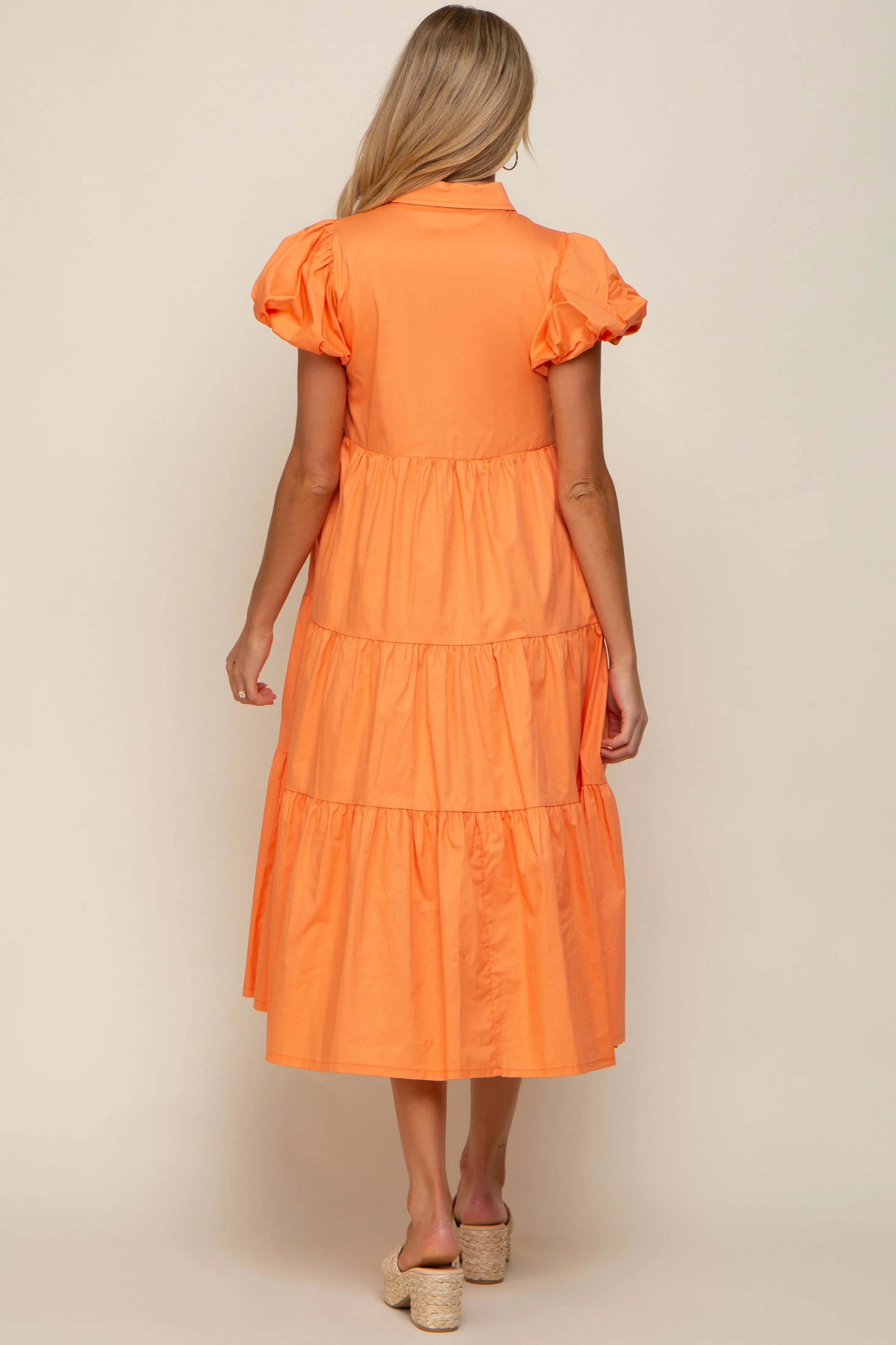 Orange Puff Sleeve Button Down Maternity Midi Dress sold by Pinkblush product image thumbnail 4