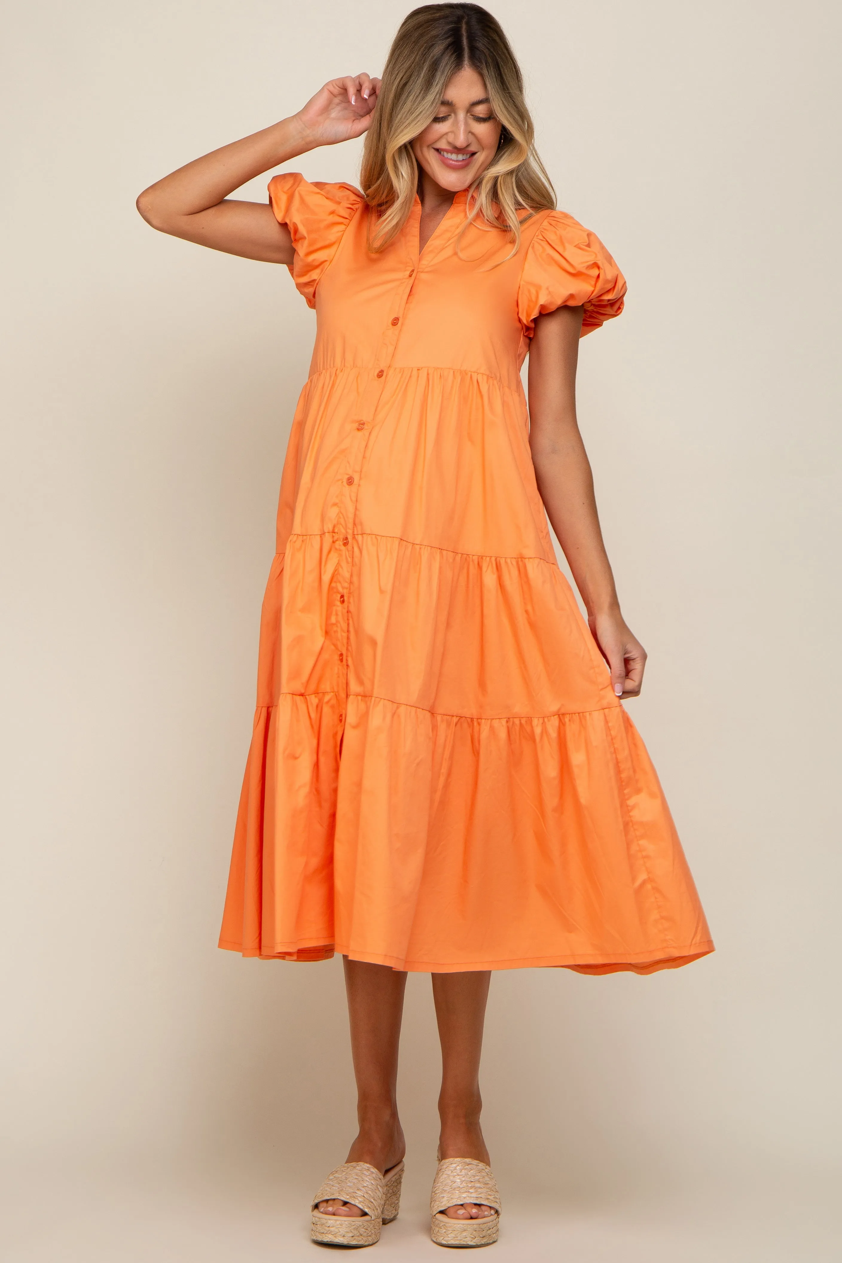 Orange Puff Sleeve Button Down Maternity Midi Dress sold by Pinkblush