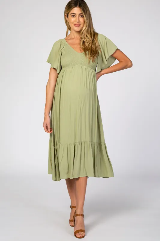 Light Olive Smocked Ruffle Maternity Dress sold by Pinkblush
