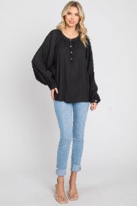 Black Button Front Long Puff Sleeve Top sold by Pinkblush