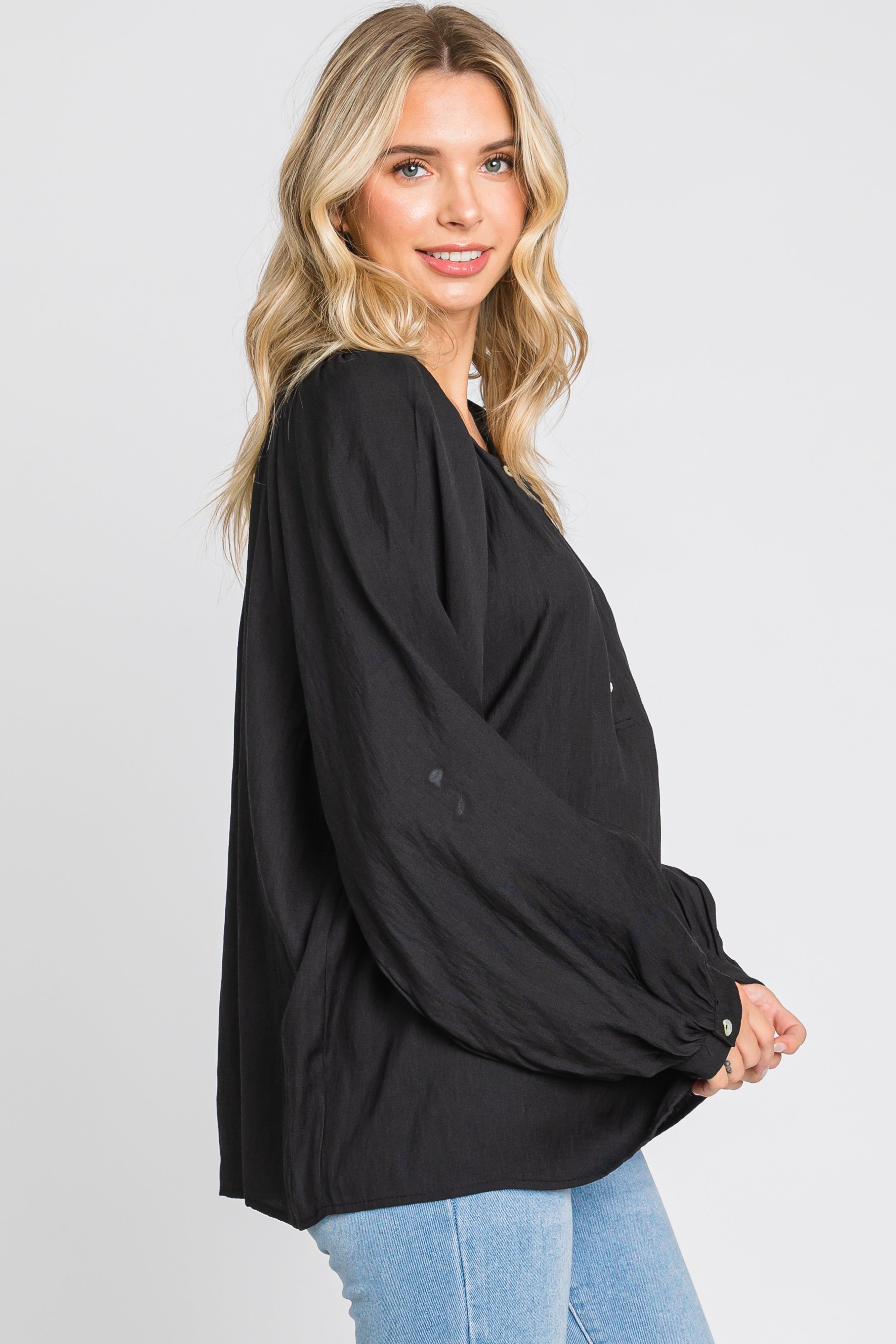 Black Button Front Long Puff Sleeve Top sold by Pinkblush product image thumbnail 2