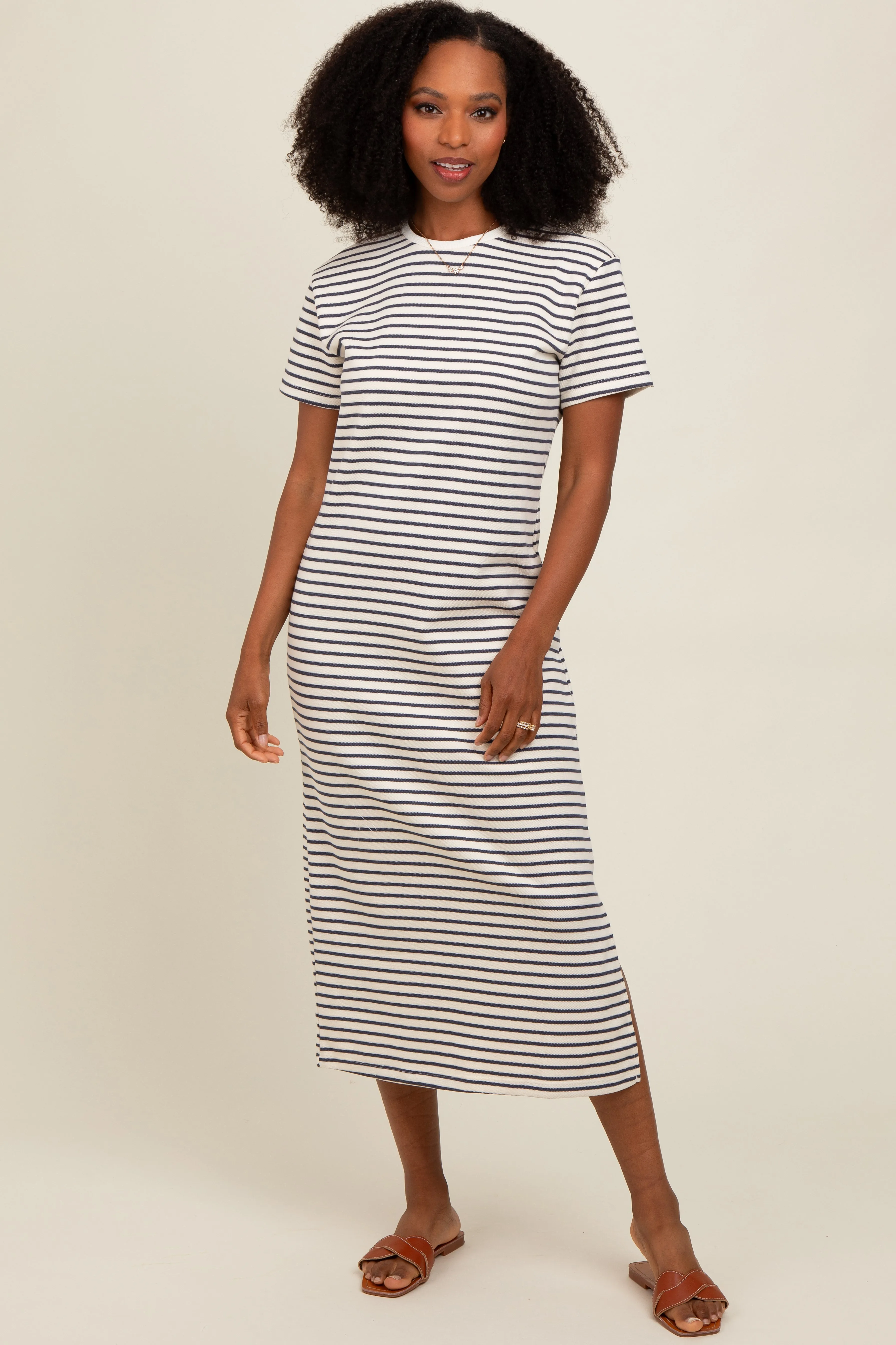 Navy Striped Short Sleeve Maternity T-Shirt Midi Dress sold by Pinkblush product image thumbnail 5