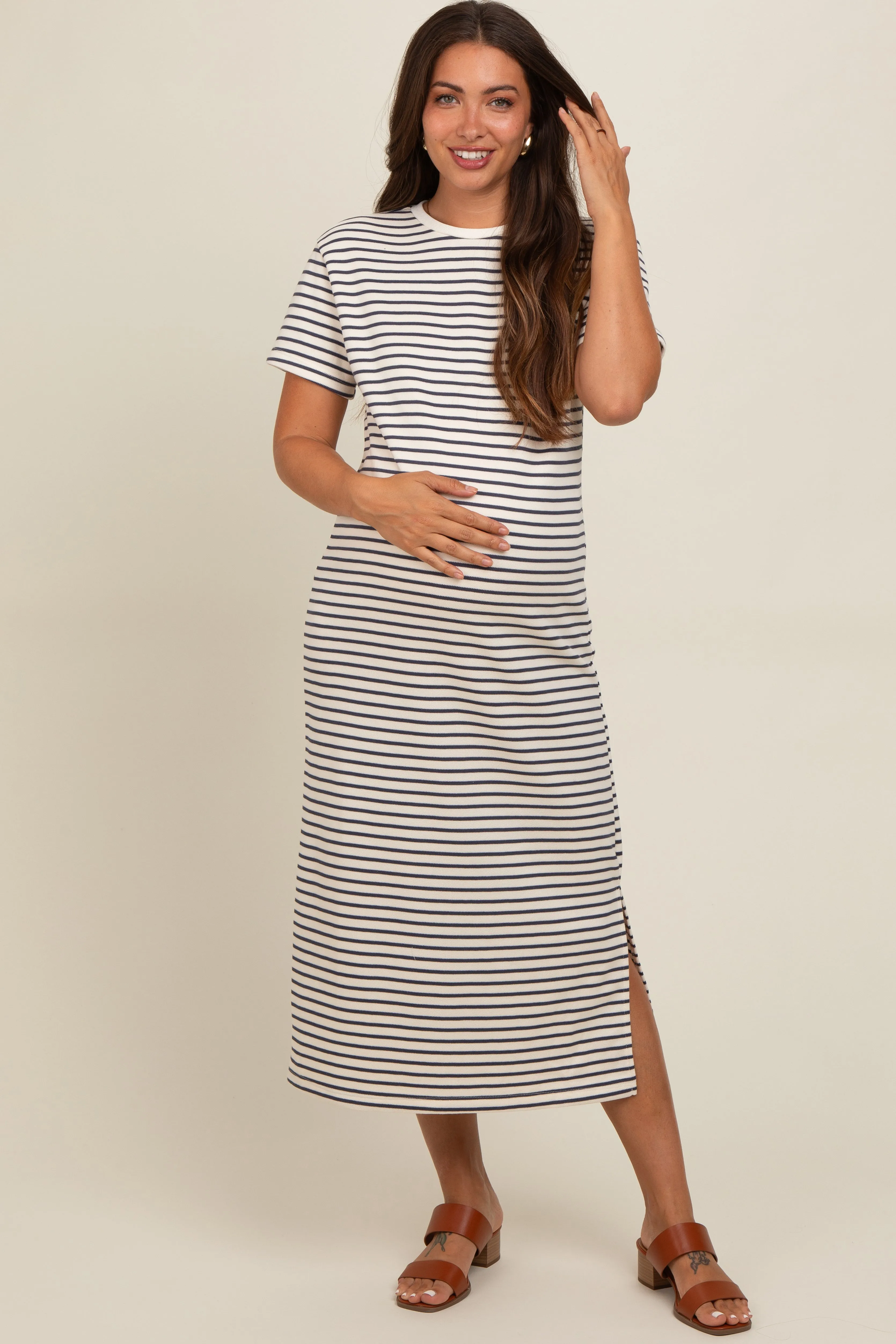Navy Striped Short Sleeve Maternity T-Shirt Midi Dress sold by Pinkblush product image thumbnail 2