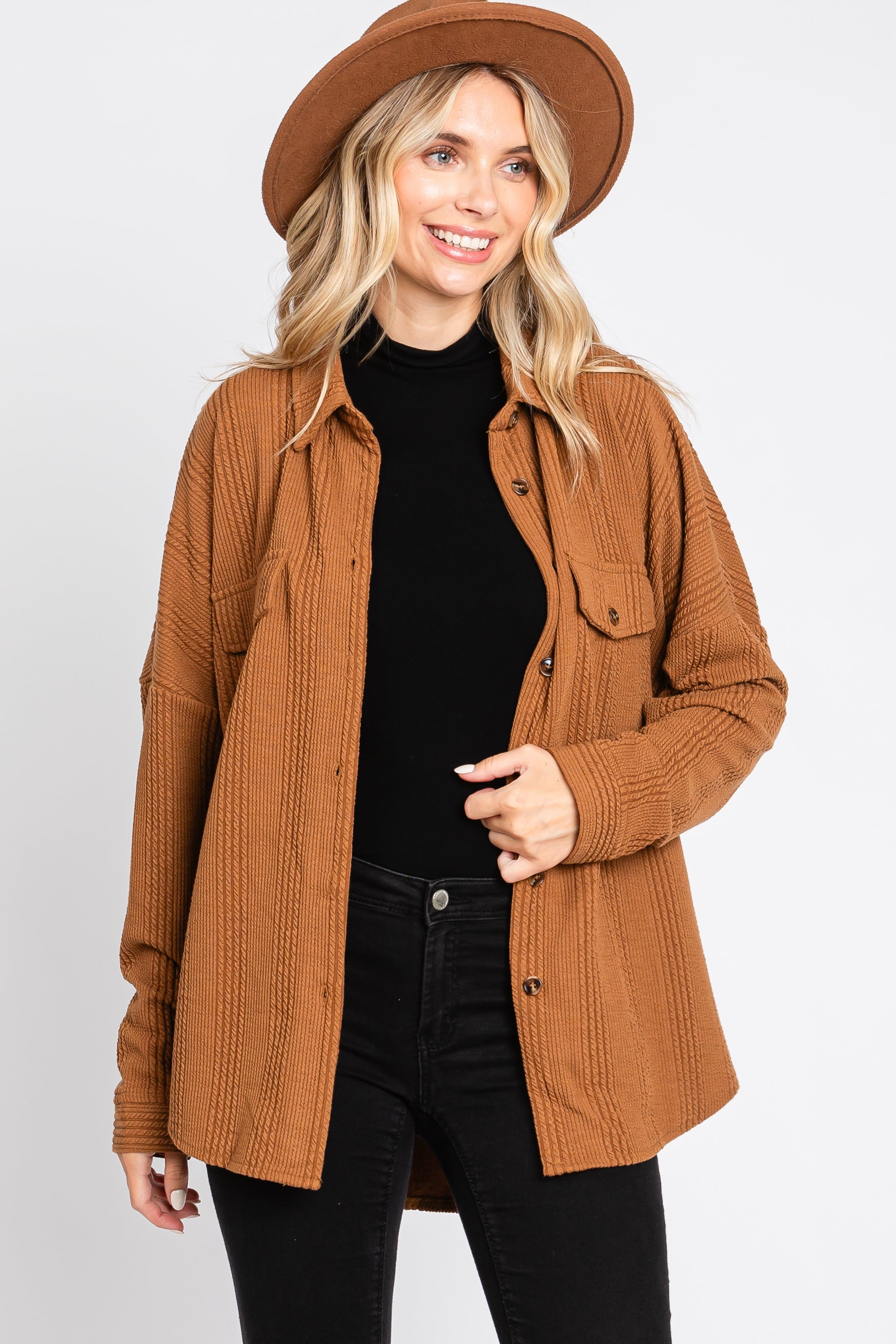 Camel Textured Button Front Collared Top sold by Pinkblush product image thumbnail 4