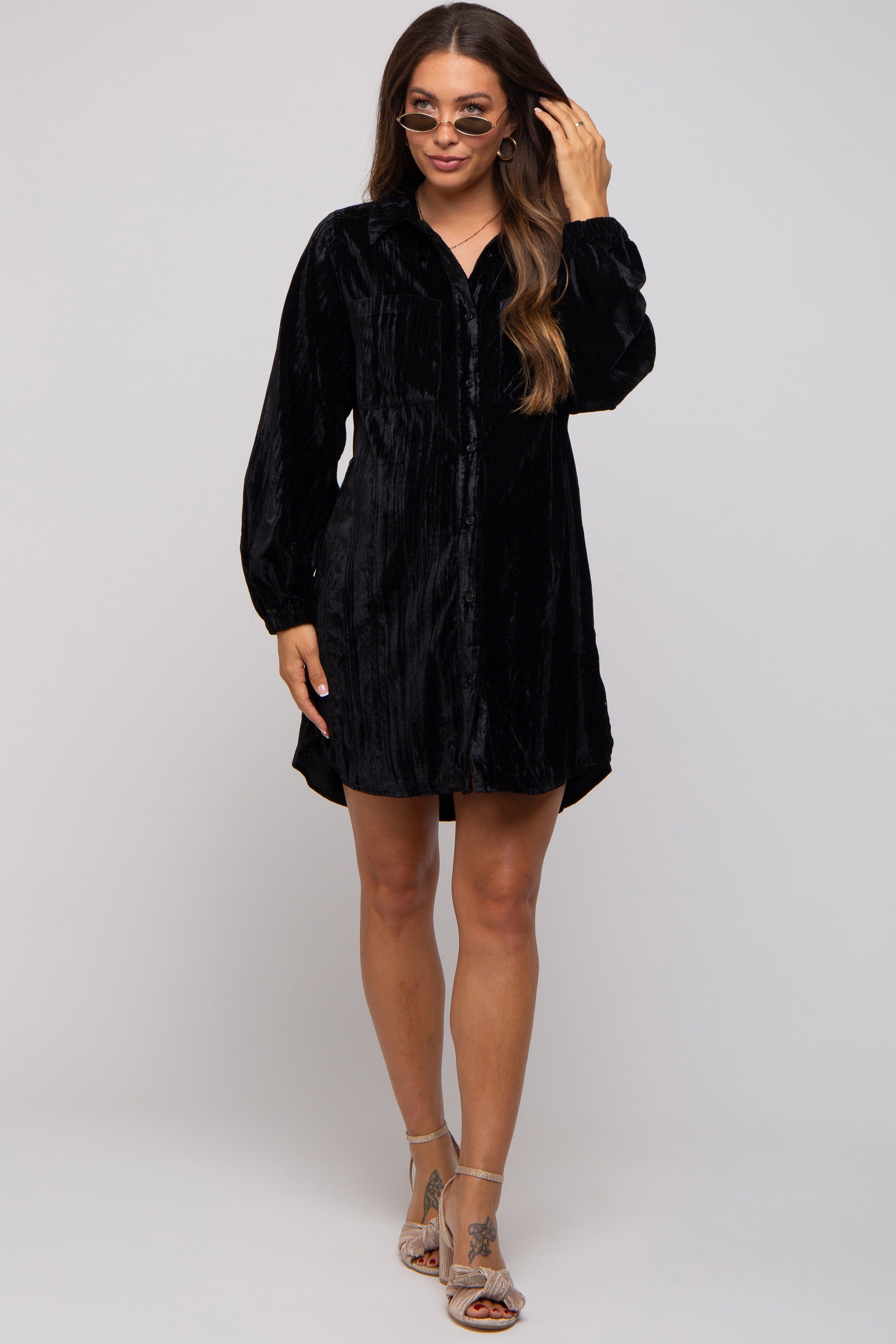Black Velour Button Up Maternity Dress sold by Pinkblush product image thumbnail 4