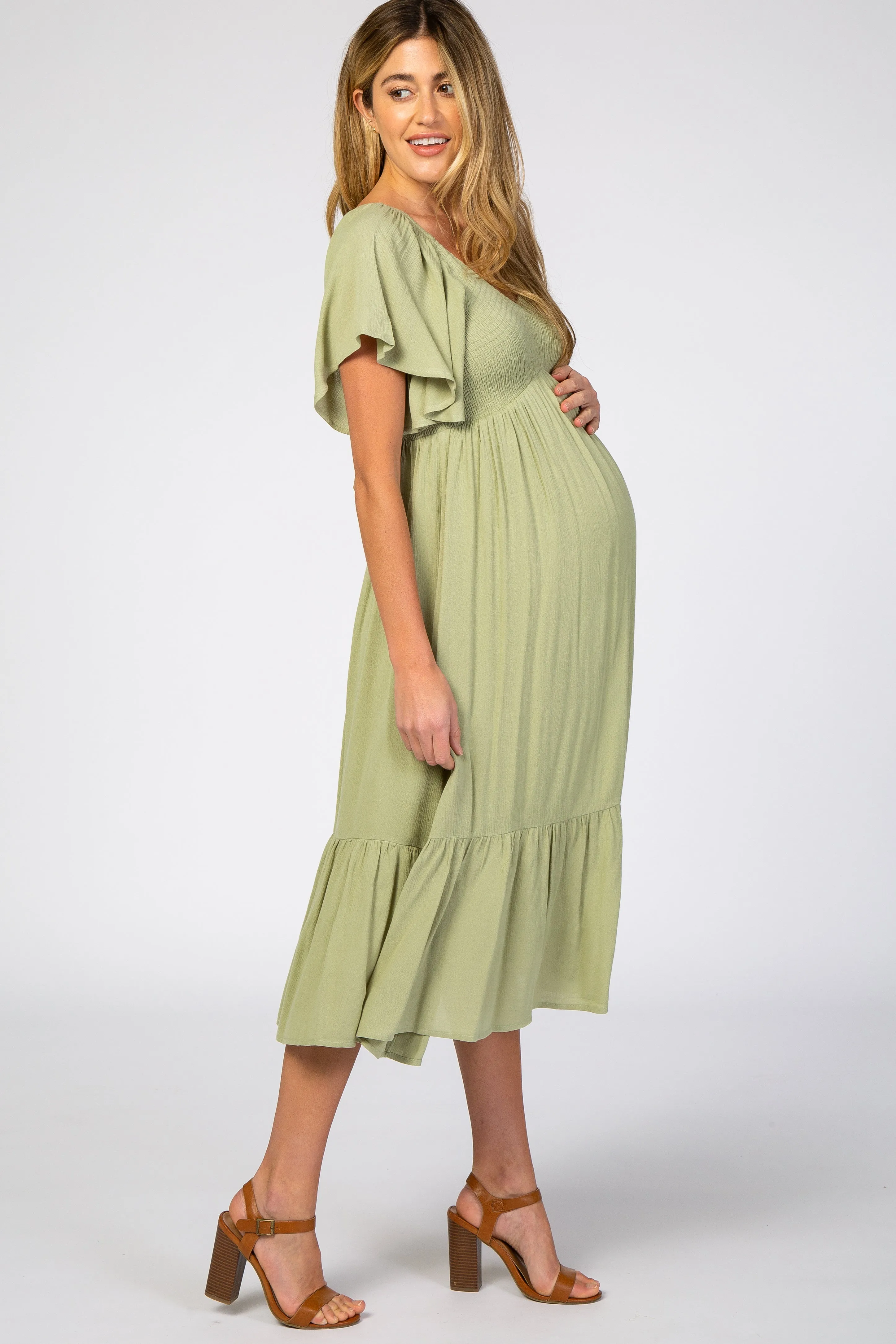 Light Olive Smocked Ruffle Maternity Dress sold by Pinkblush product image thumbnail 2