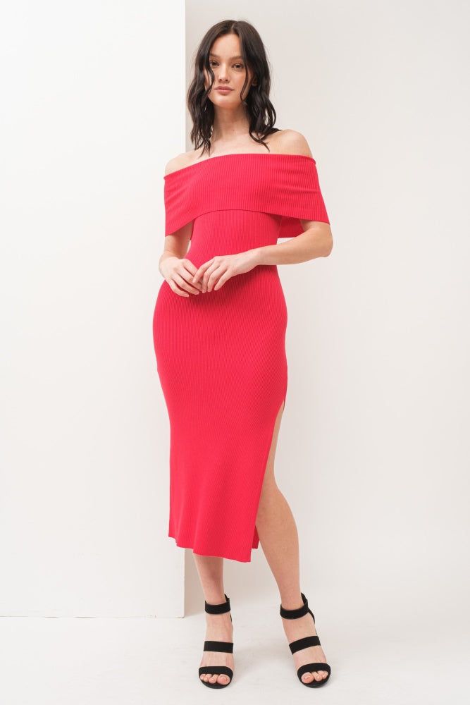 Red Off Shoulder Midi Dress sold by Pinkblush