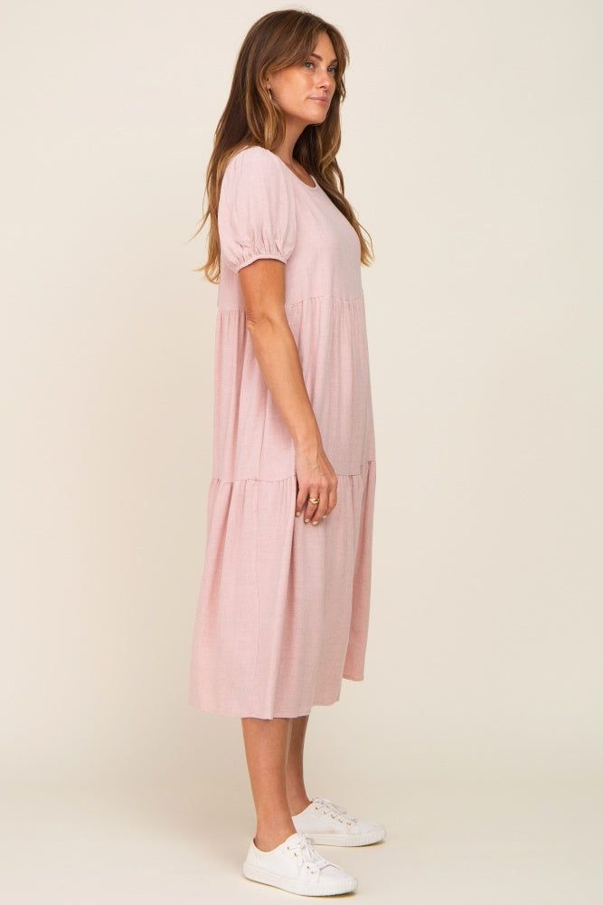 Mauve Linen Short Sleeve Tiered Back Tie Midi Dress sold by Pinkblush product image thumbnail 3