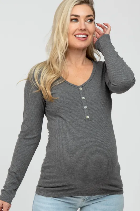 Charcoal Ribbed Button Accent Maternity Top sold by Pinkblush