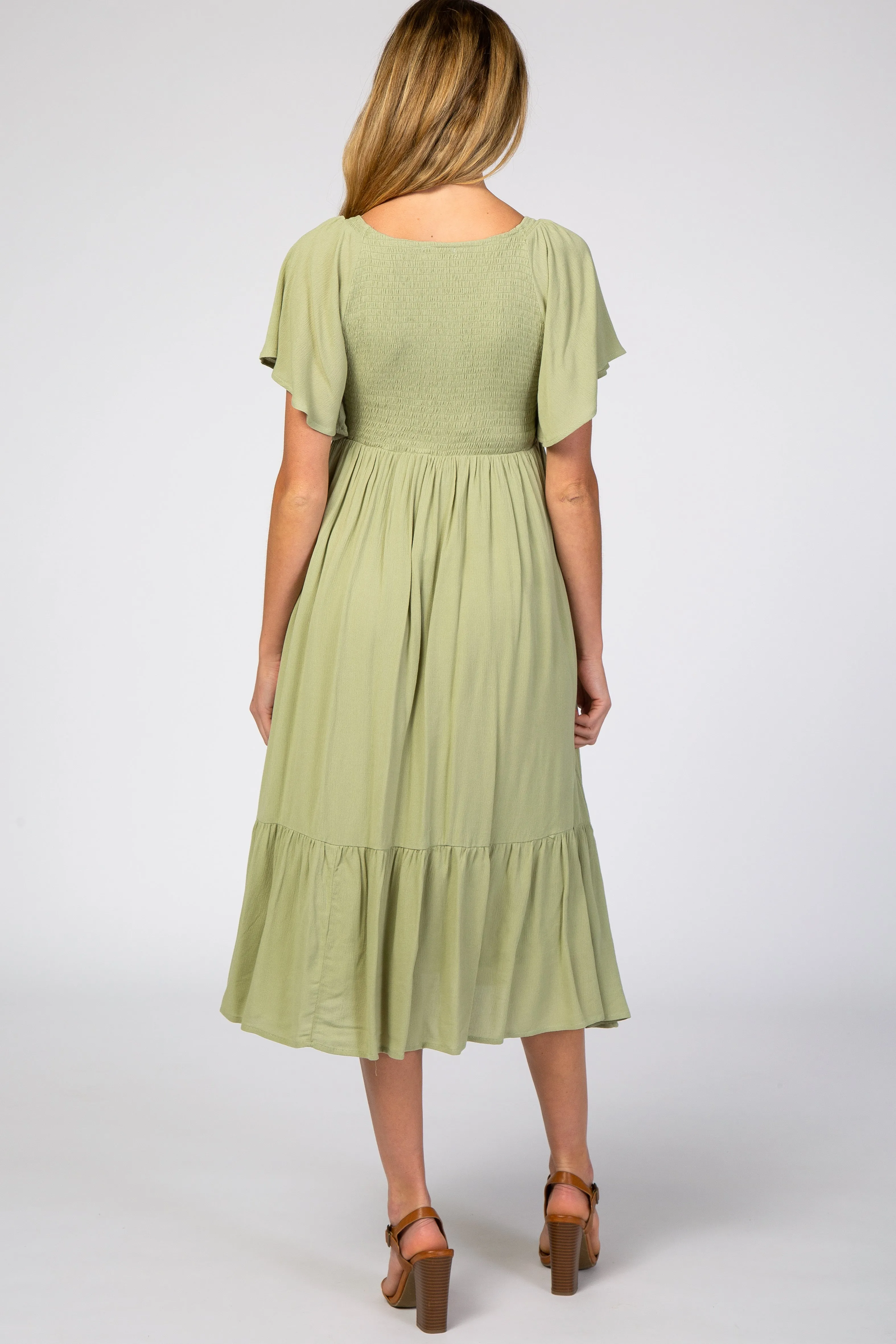 Light Olive Smocked Ruffle Maternity Dress sold by Pinkblush product image thumbnail 3