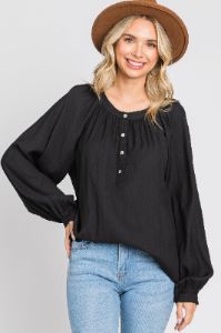 Black Button Front Long Puff Sleeve Top sold by Pinkblush