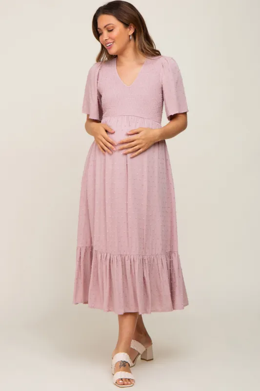 Mauve Textured Dot Smocked Short Sleeve Maternity Midi Dress sold by Pinkblush