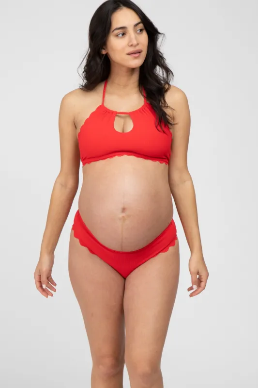 Red Ribbed Scalloped Two-Piece Maternity Bikini Set sold by Pinkblush