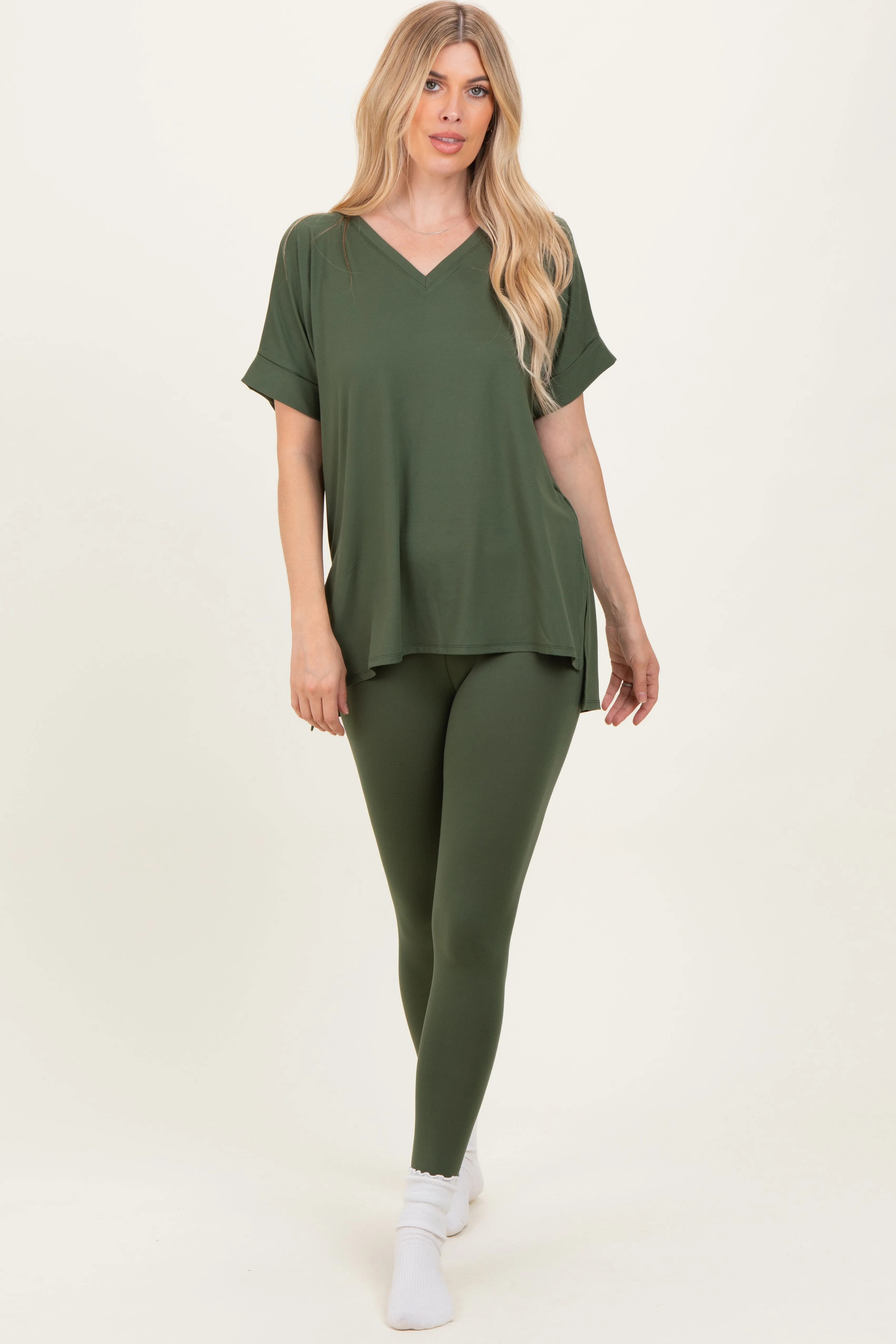 Olive Oversized V-Neck Tee Legging Lounge Set sold by Pinkblush product image thumbnail 2