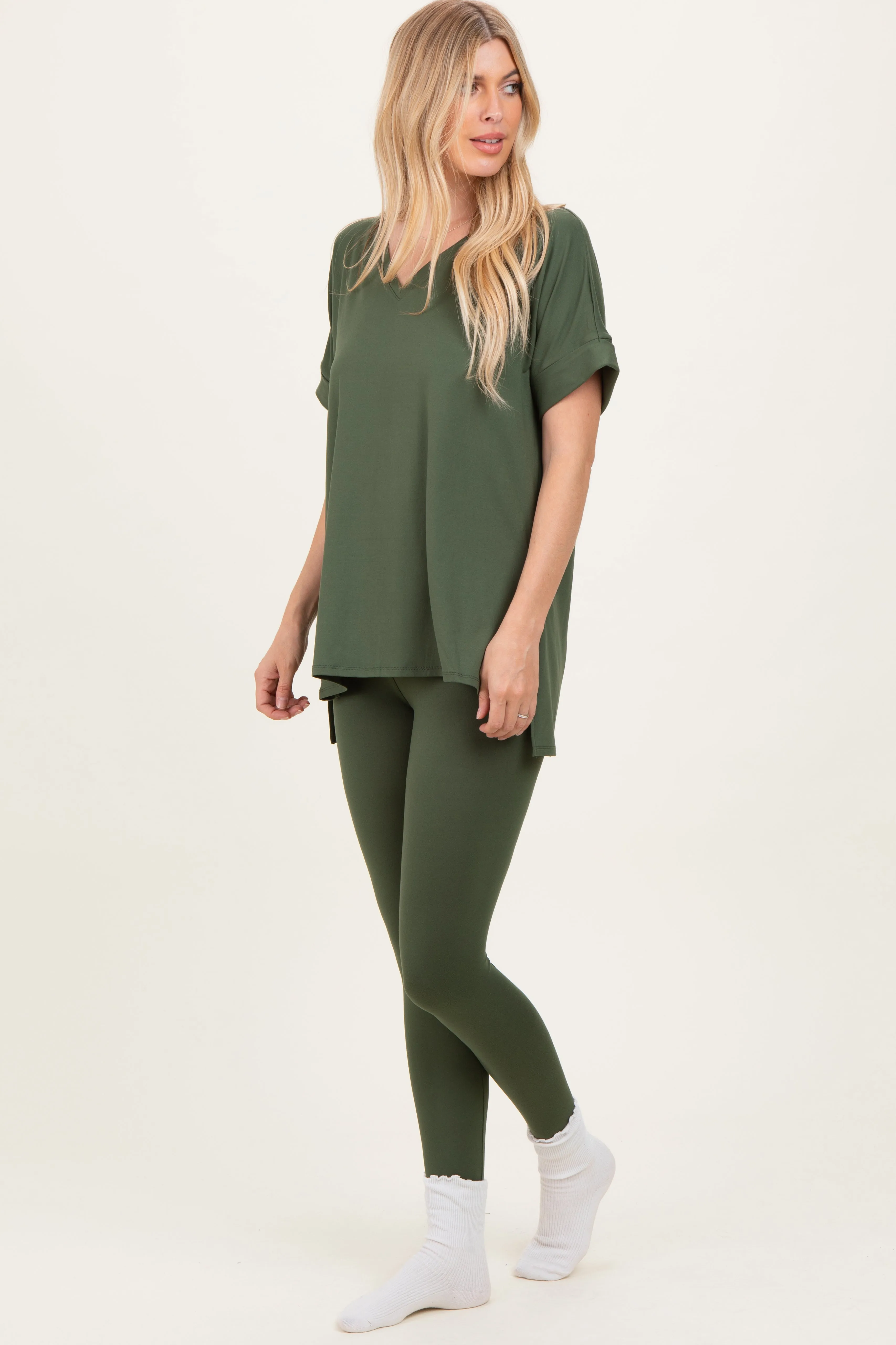Olive Oversized V-Neck Tee Legging Lounge Set sold by Pinkblush product image thumbnail 3