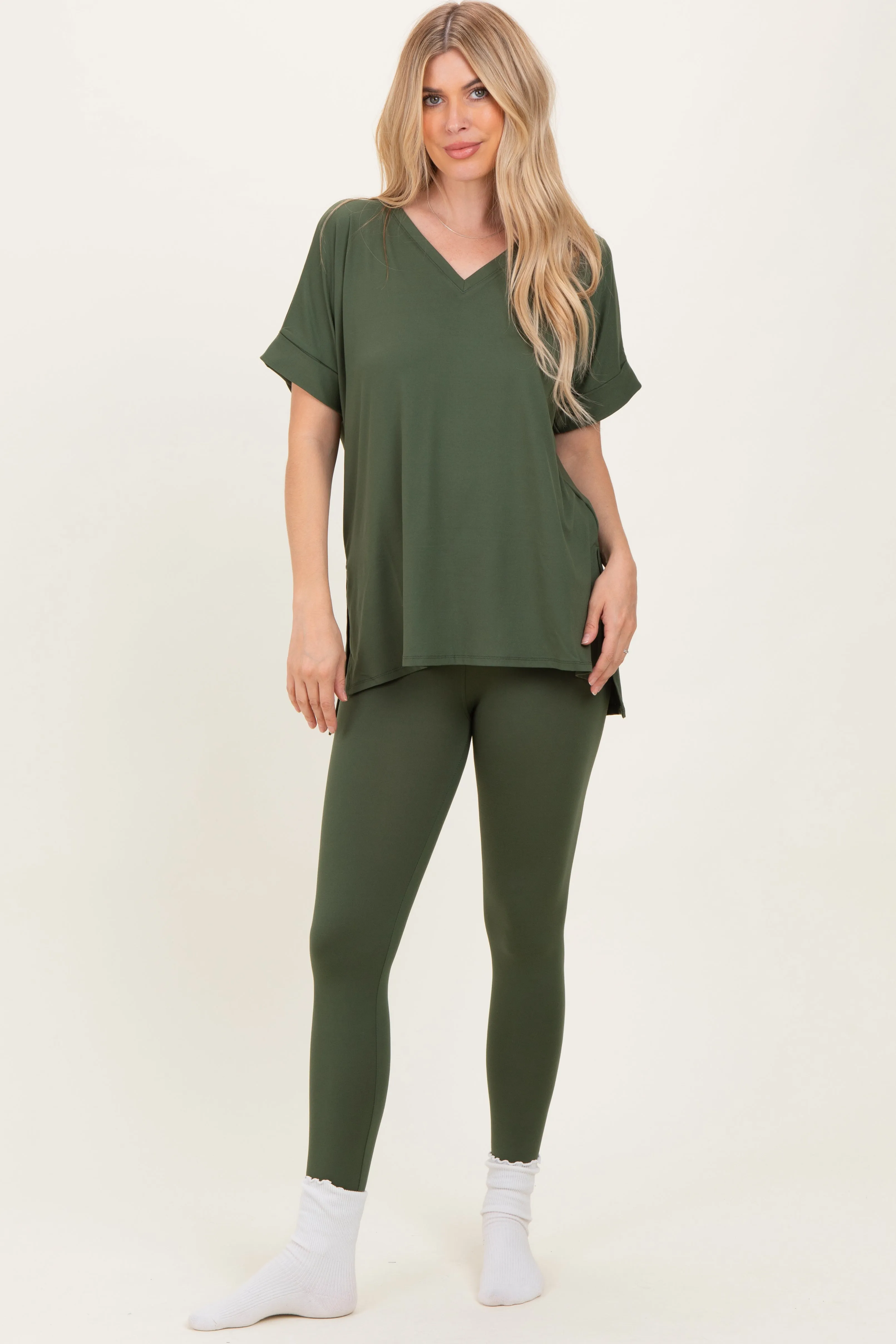 Olive Oversized V-Neck Tee Legging Lounge Set sold by Pinkblush