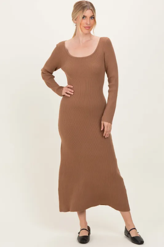 Mocha Rib Knit Back Cutout Midi Dress sold by Pinkblush