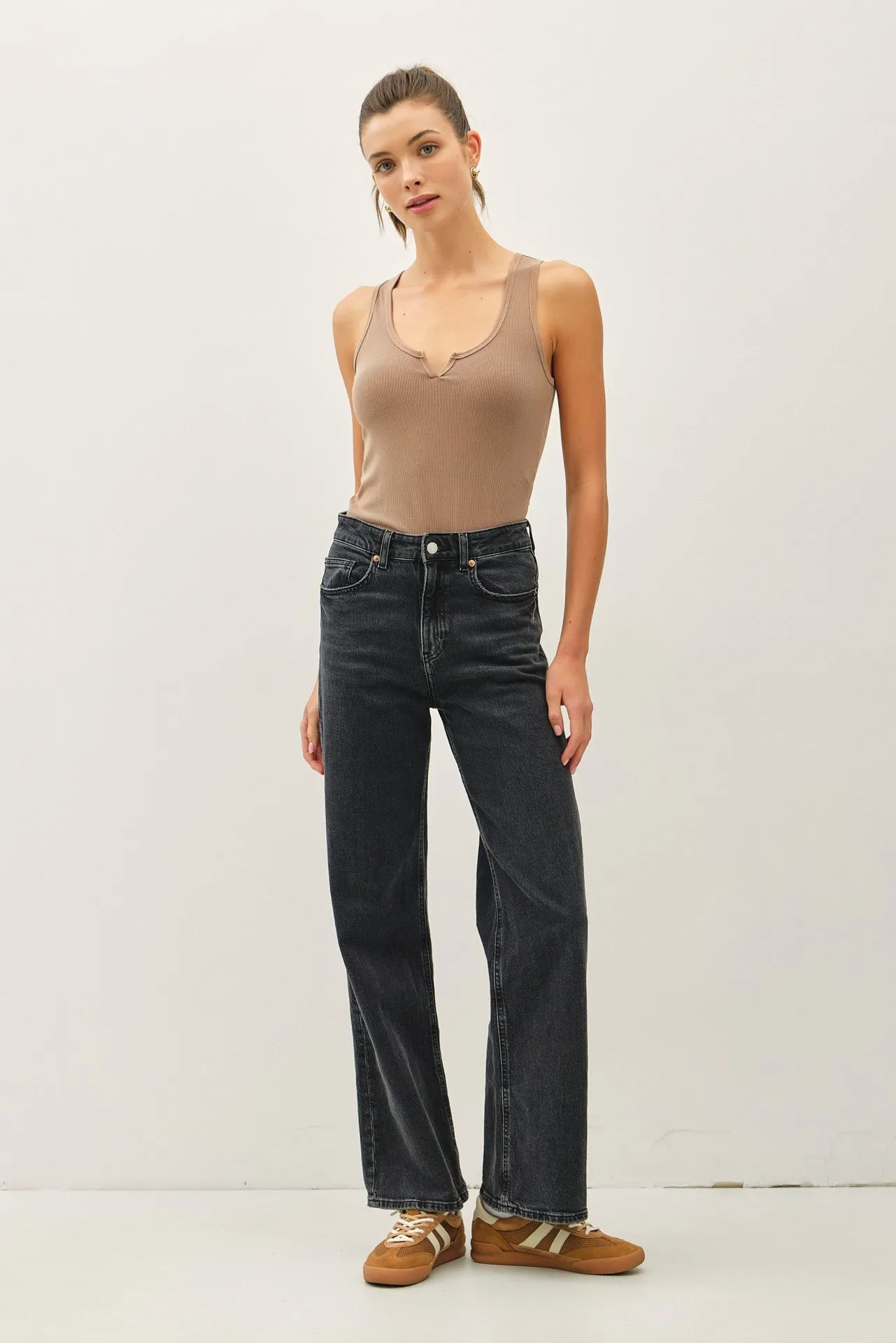 Mocha Ribbed Split Neck Tank Top sold by Pinkblush product image thumbnail 2