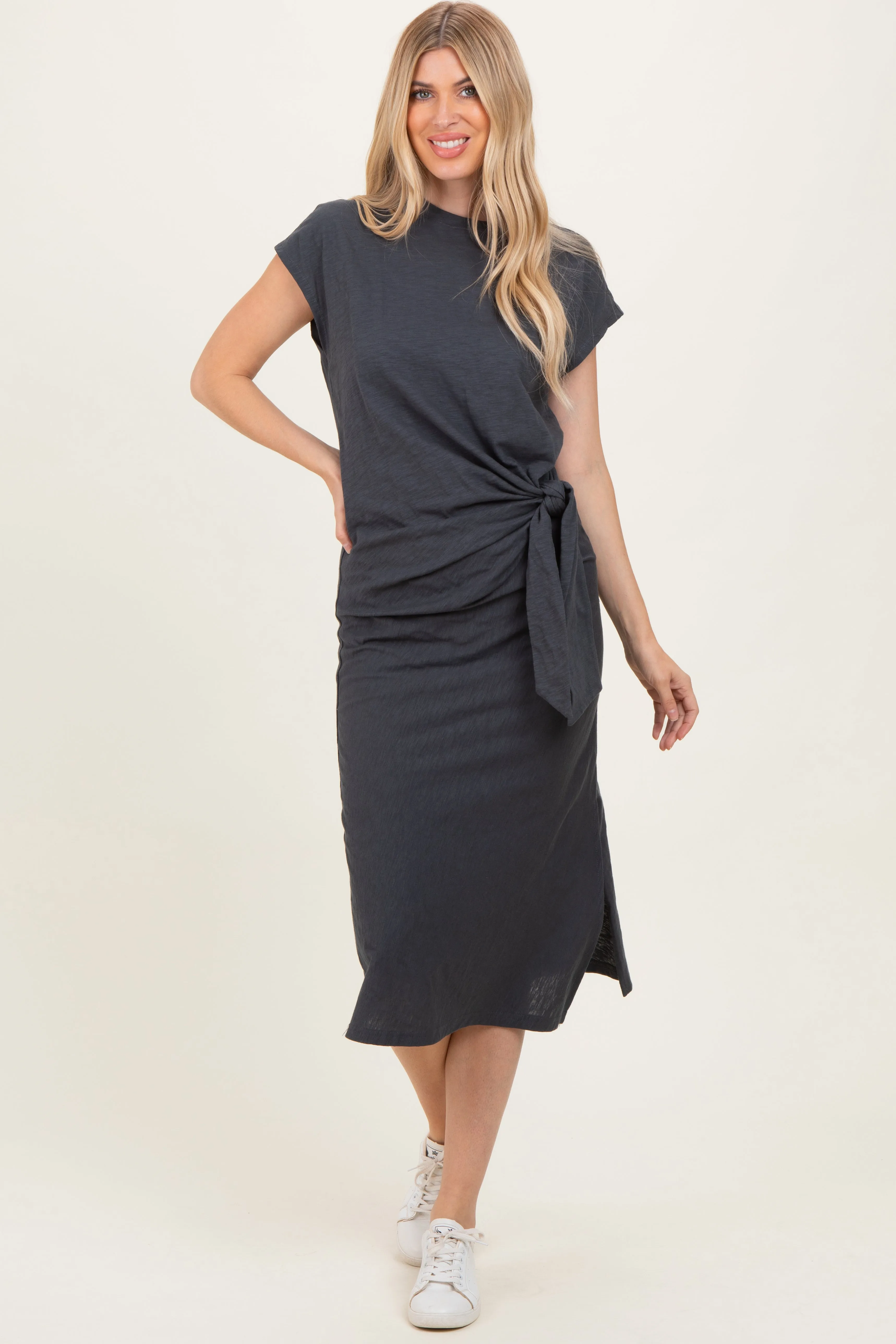 Charcoal Side Tie Side Slit Midi Dress sold by Pinkblush product image thumbnail 2