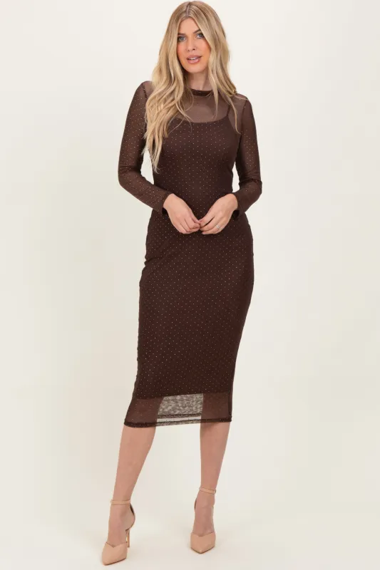 Brown Printed Mesh Long Sleeve Midi Dress sold by Pinkblush