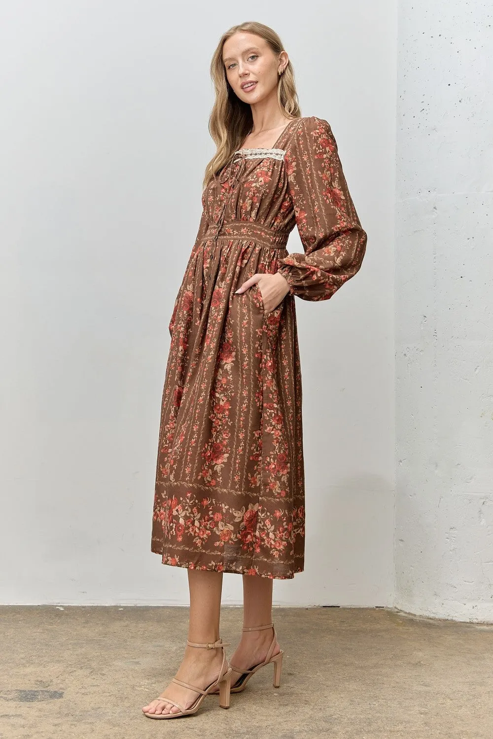 Brown Floral Stripe Button Down Long Sleeve Midi Dress sold by Pinkblush product image thumbnail 2