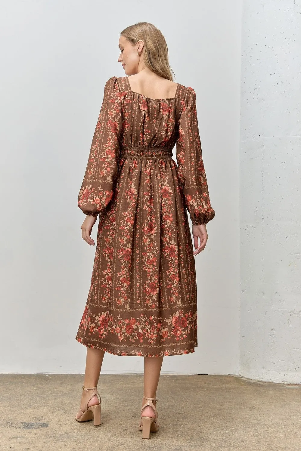 Brown Floral Stripe Button Down Long Sleeve Midi Dress sold by Pinkblush product image thumbnail 3