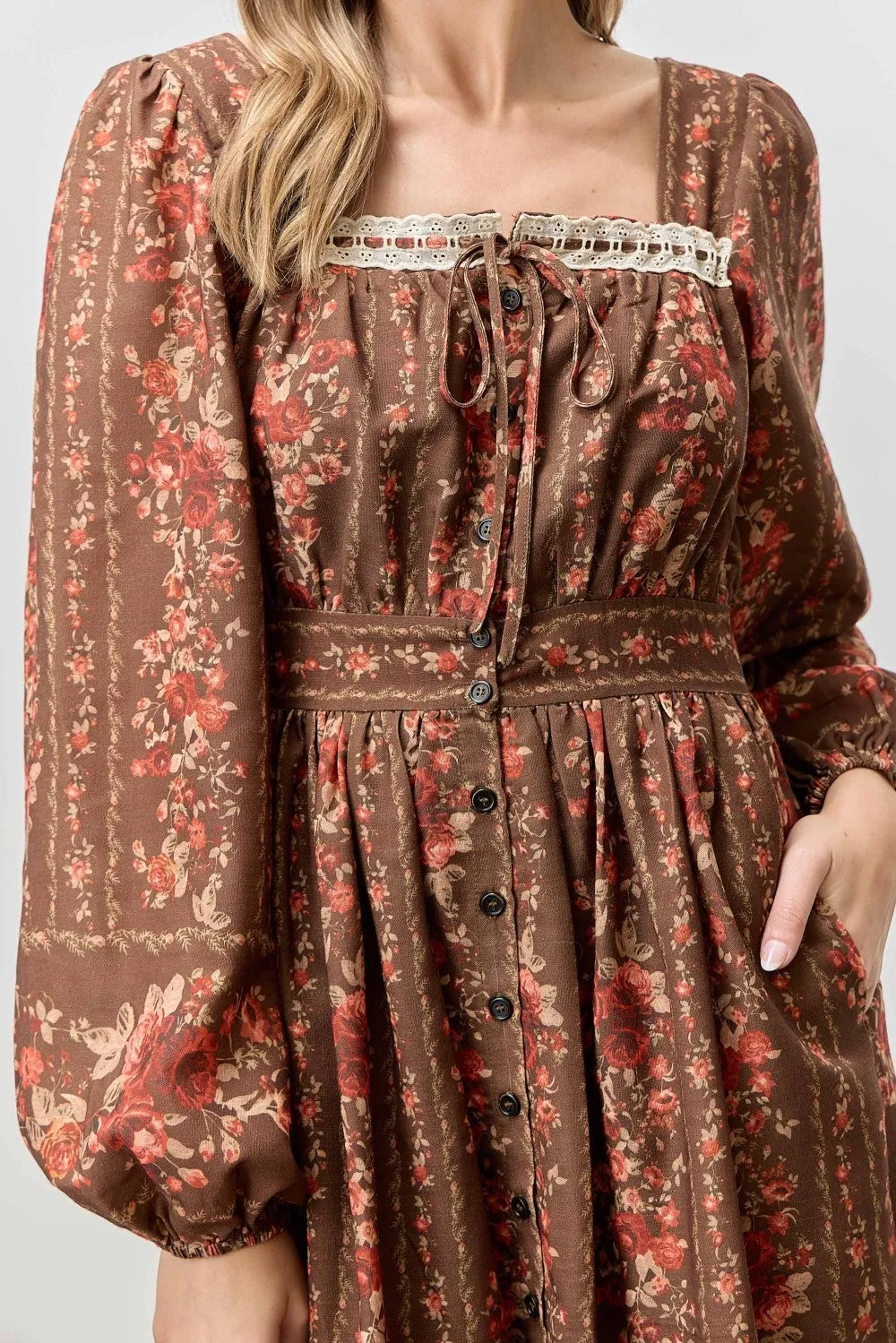 Brown Floral Stripe Button Down Long Sleeve Midi Dress sold by Pinkblush product image thumbnail 4