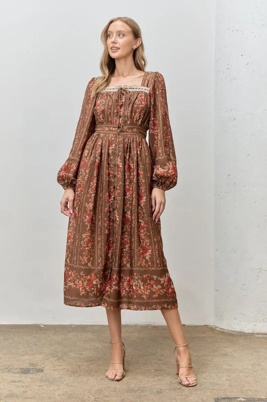 Brown Floral Stripe Button Down Long Sleeve Midi Dress made by Polagram