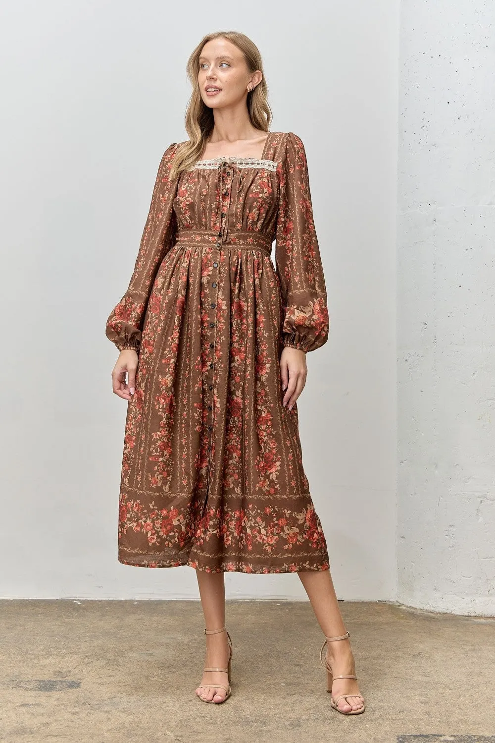 Brown Floral Stripe Button Down Long Sleeve Midi Dress sold by Pinkblush