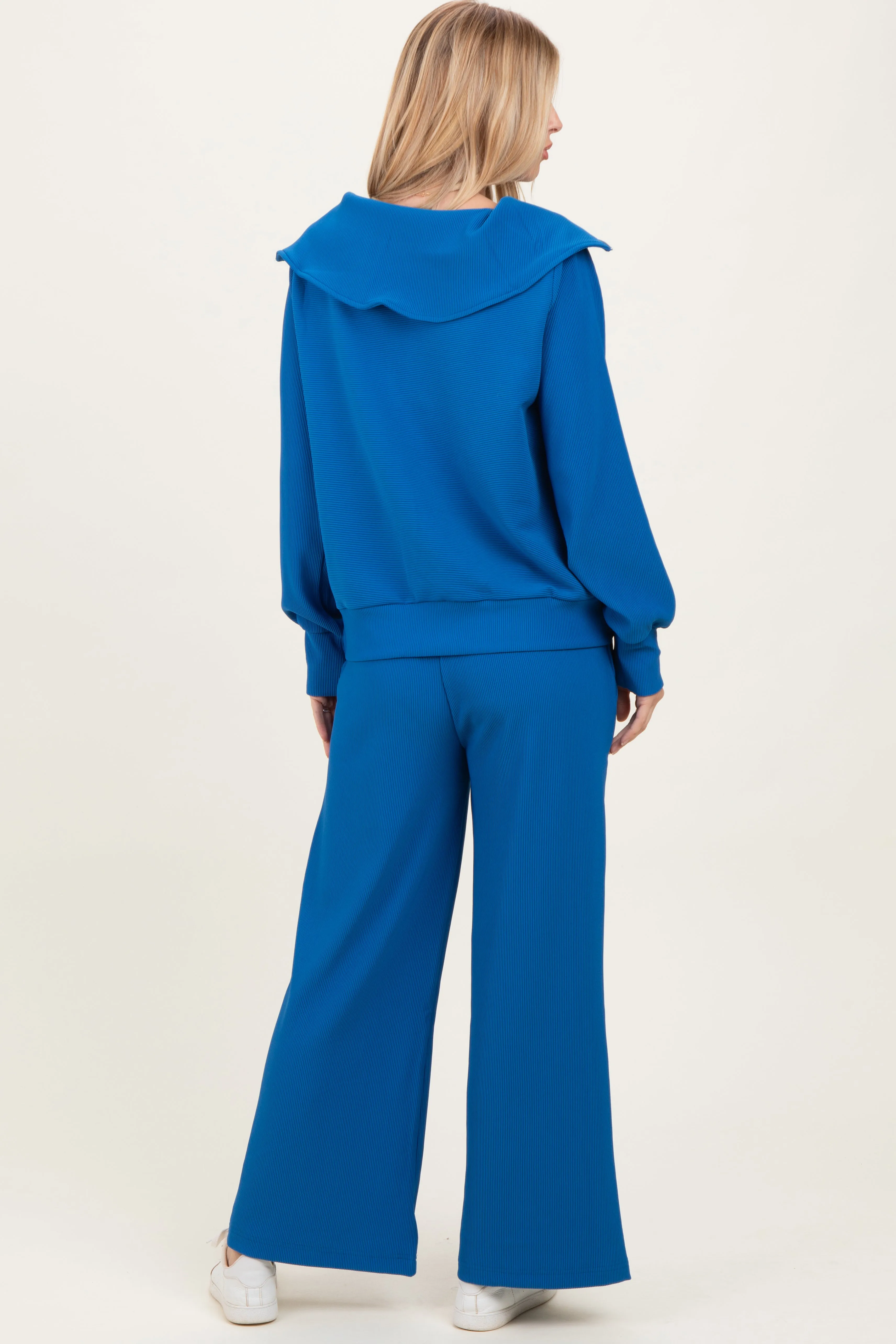 Blue Ribbed High Neck Half Zip Pullover Pant Set sold by Pinkblush product image thumbnail 4