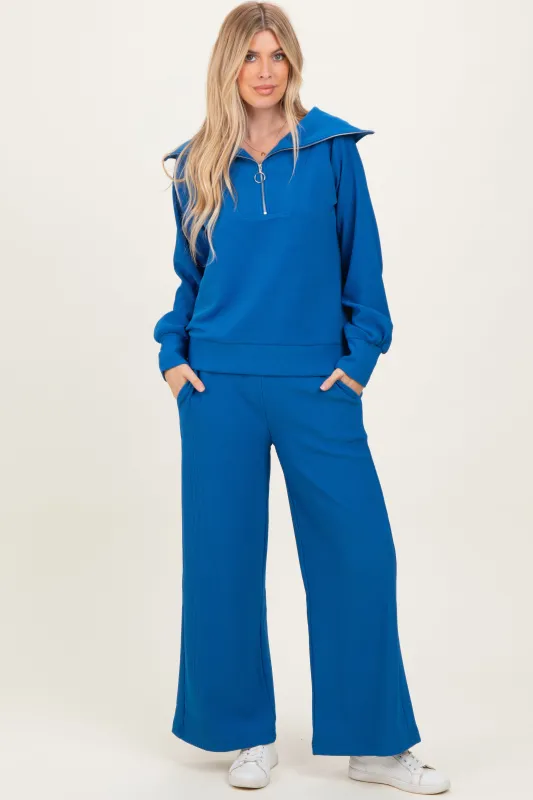 Blue Ribbed High Neck Half Zip Pullover Pant Set sold by Pinkblush