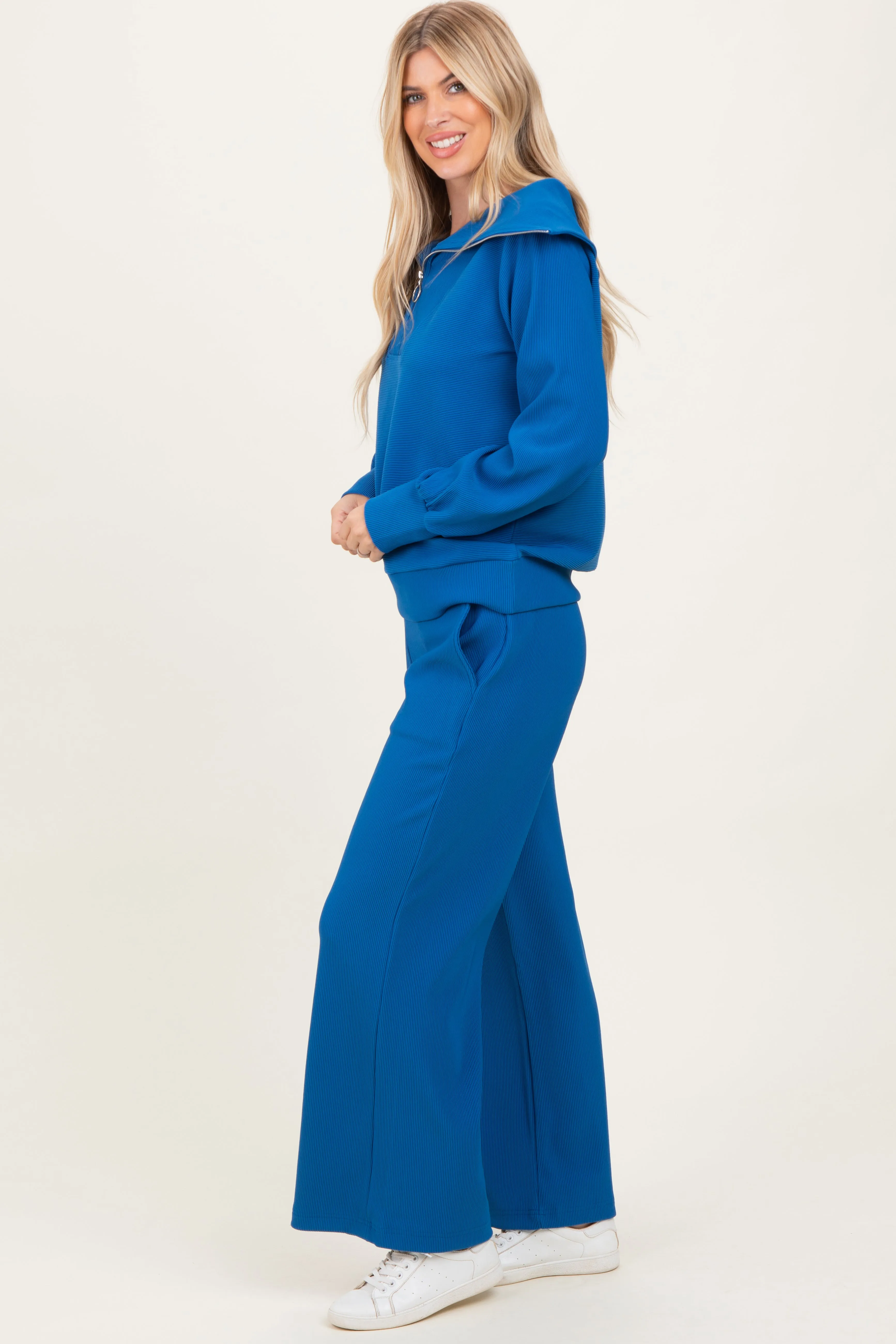 Blue Ribbed High Neck Half Zip Pullover Pant Set sold by Pinkblush product image thumbnail 3
