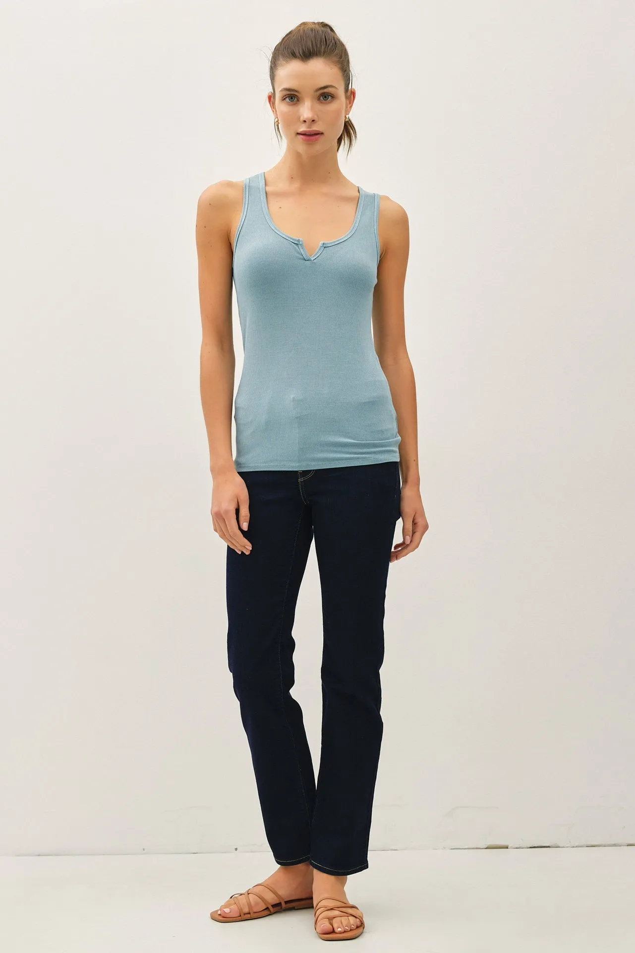 Light Teal Ribbed Split Neck Tank Top sold by Pinkblush product image thumbnail 2