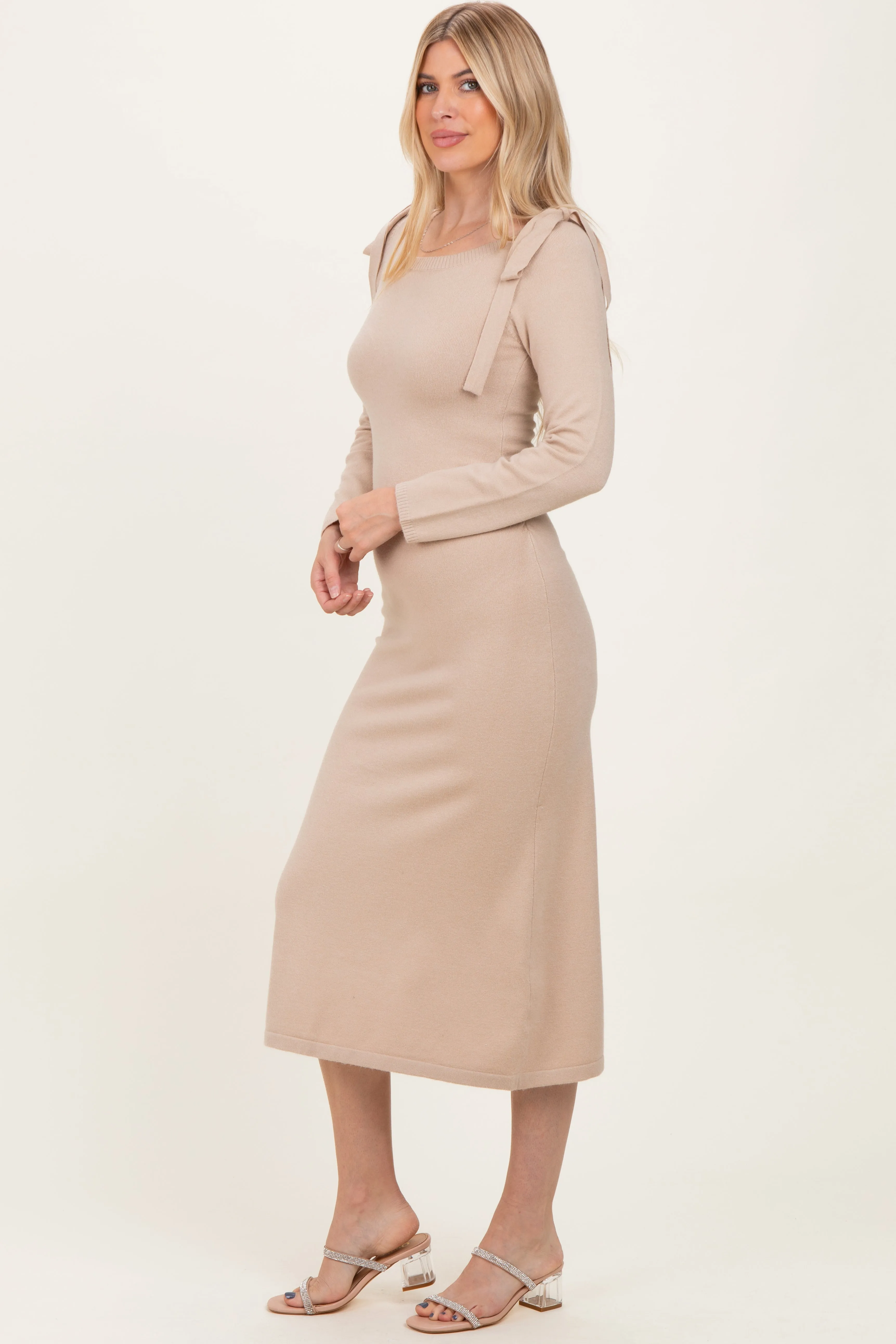 Beige Bow Shoulder Knit Dress sold by Pinkblush product image thumbnail 3
