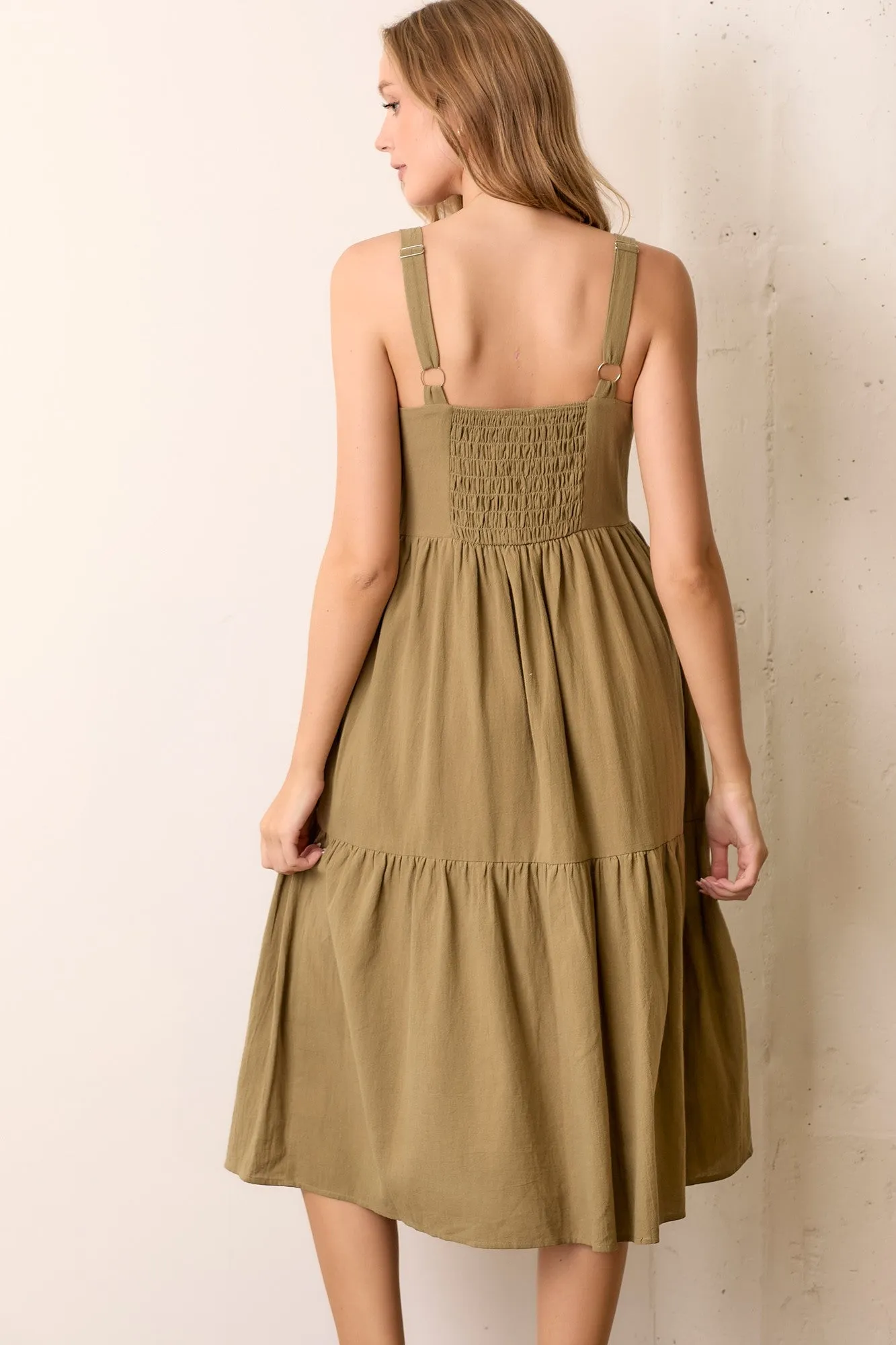 Olive Sleeveless Button Down Tiered Midi Dress sold by Pinkblush product image thumbnail 3