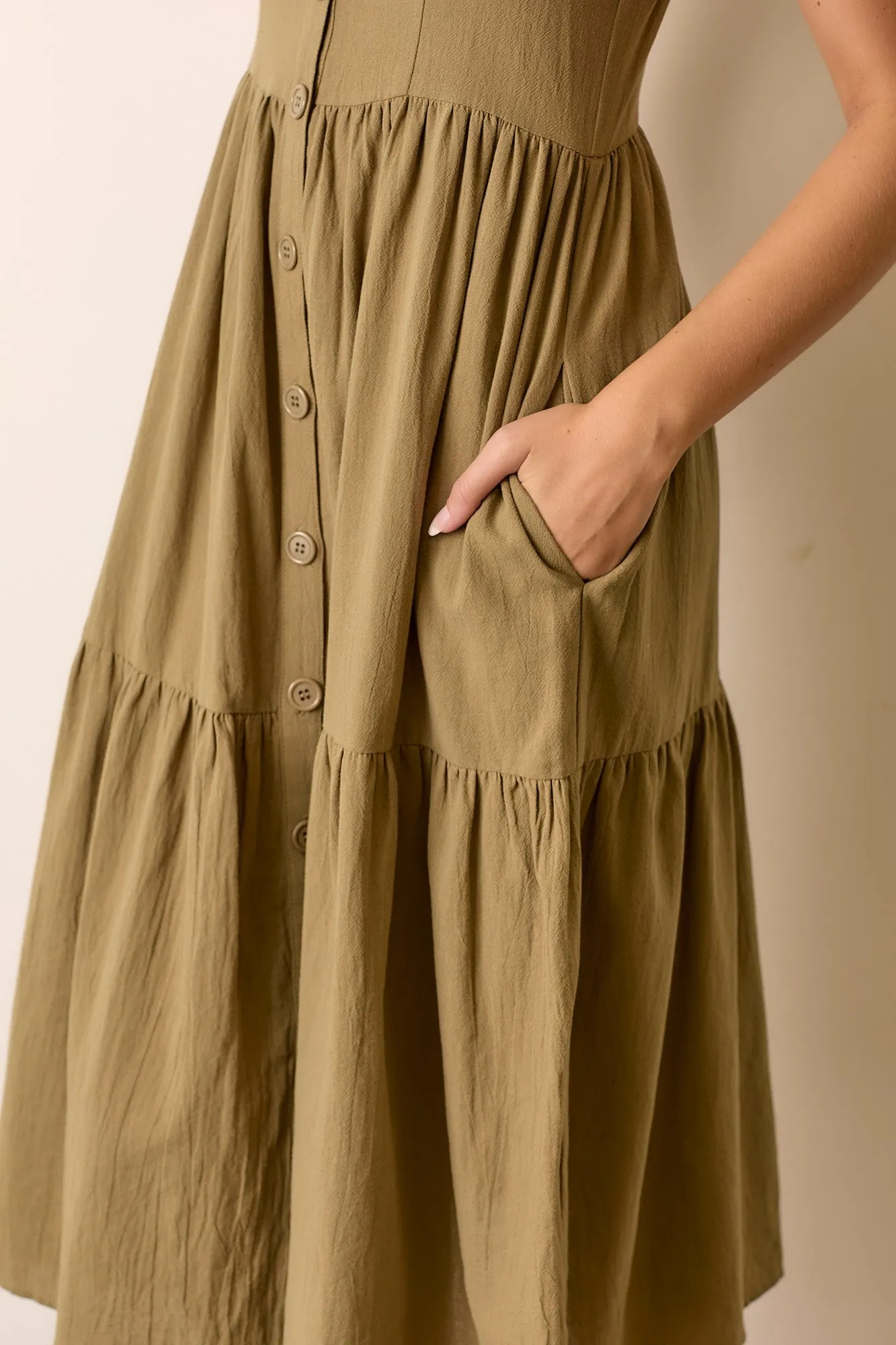 Olive Sleeveless Button Down Tiered Midi Dress sold by Pinkblush product image thumbnail 4