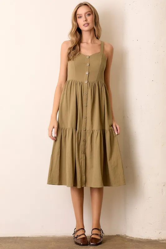 Olive Sleeveless Button Down Tiered Midi Dress sold by Pinkblush