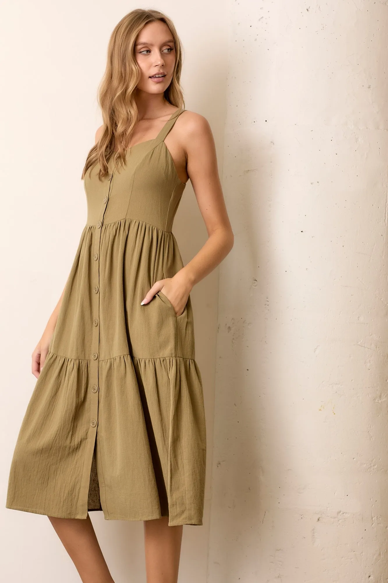 Olive Sleeveless Button Down Tiered Midi Dress sold by Pinkblush product image thumbnail 2