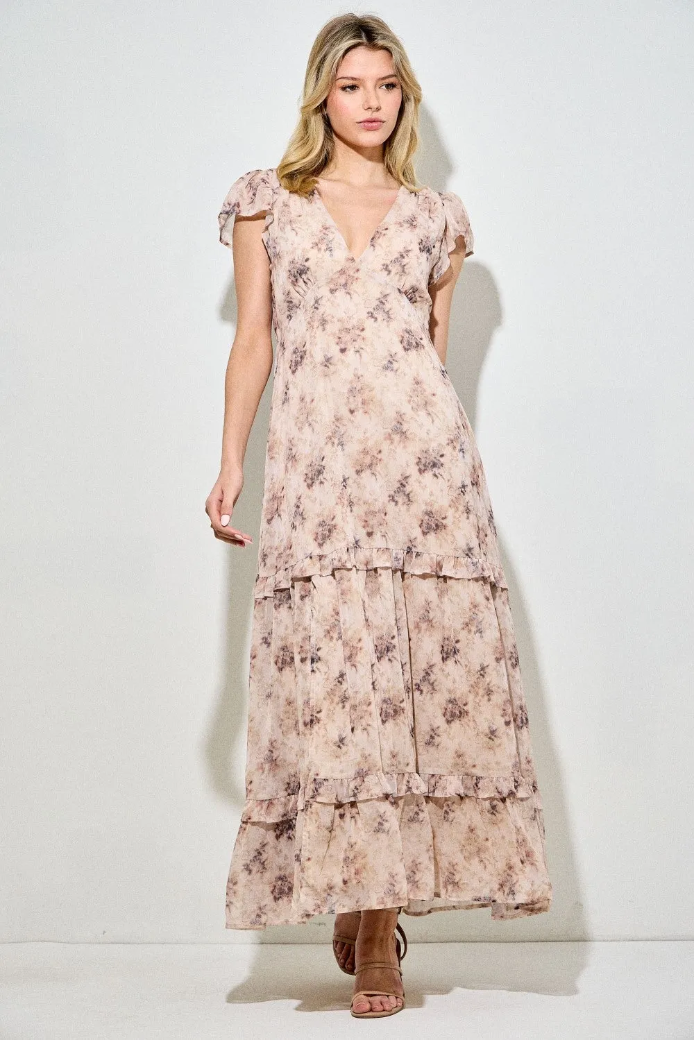 Peach Abstract Print Ruffle Trim Maxi Dress sold by Pinkblush