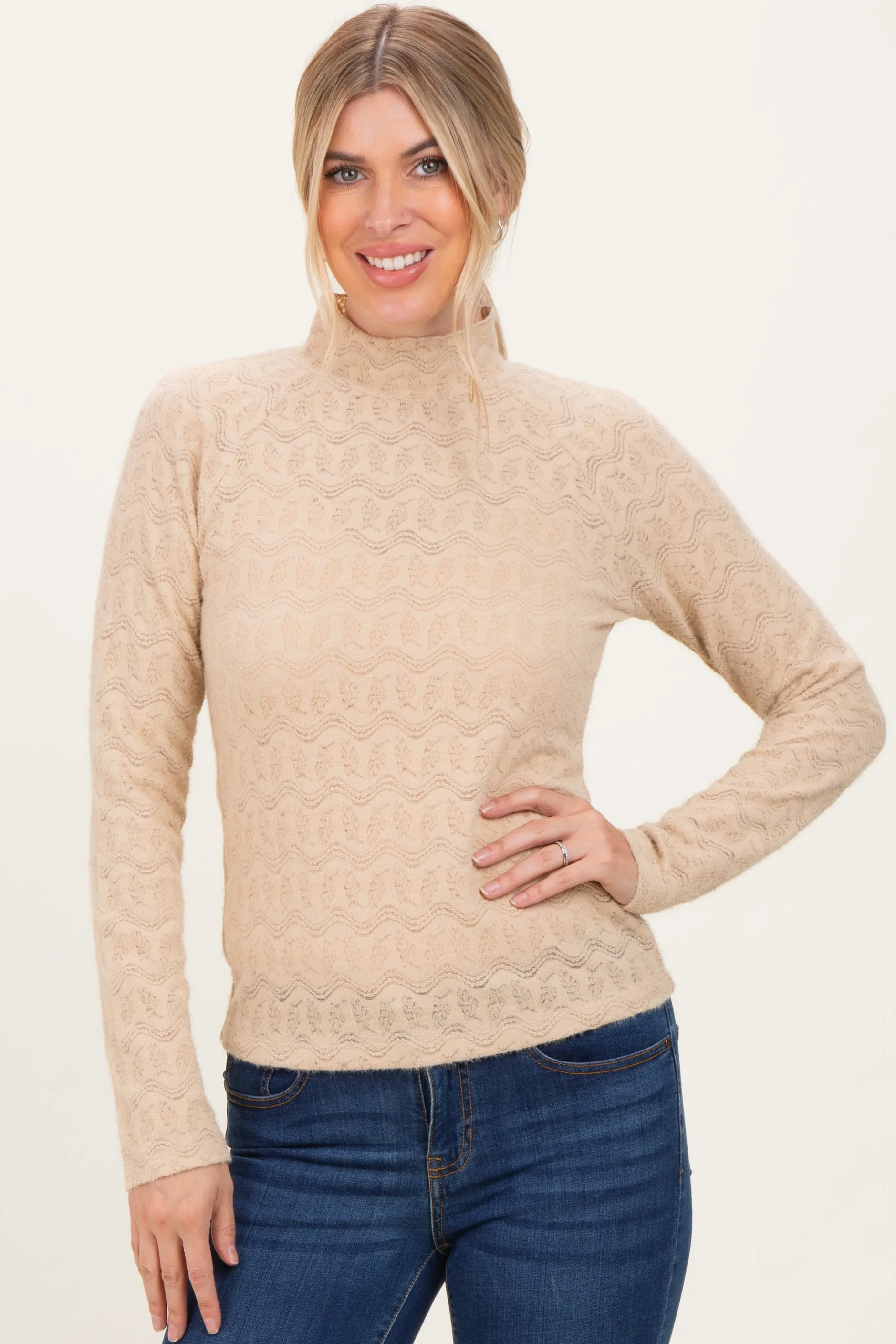 Beige Mock Neck Long Sleeve Brushed Lace Top sold by Pinkblush
