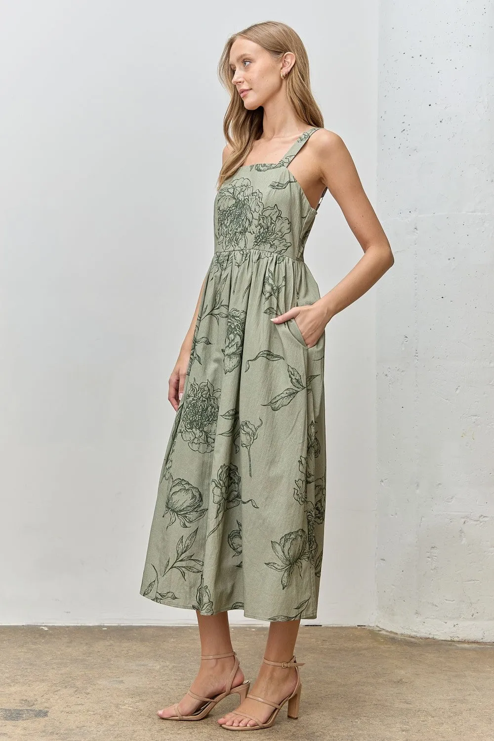 Light Olive Floral Sleeveless Midi Dress sold by Pinkblush product image thumbnail 2