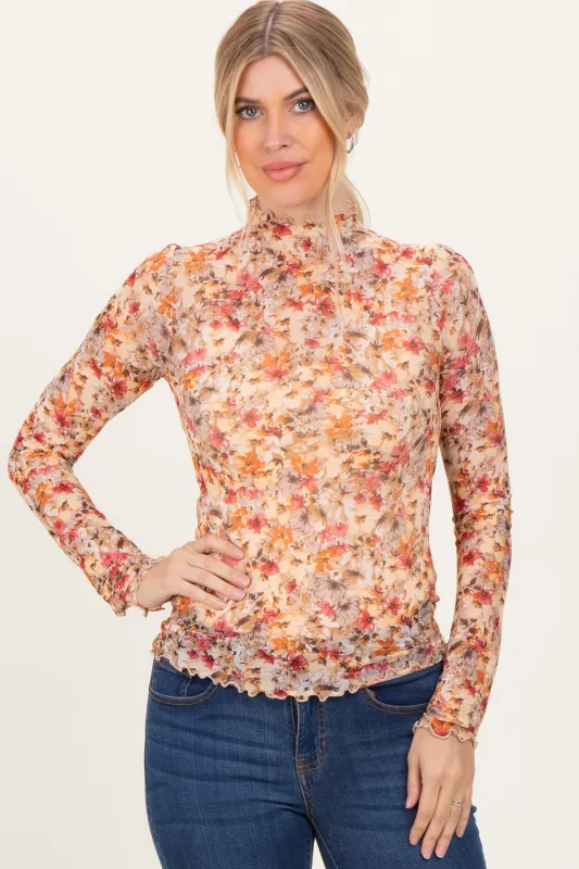 Taupe Floral Mesh Mock Neck Long Sleeve Top sold by Pinkblush