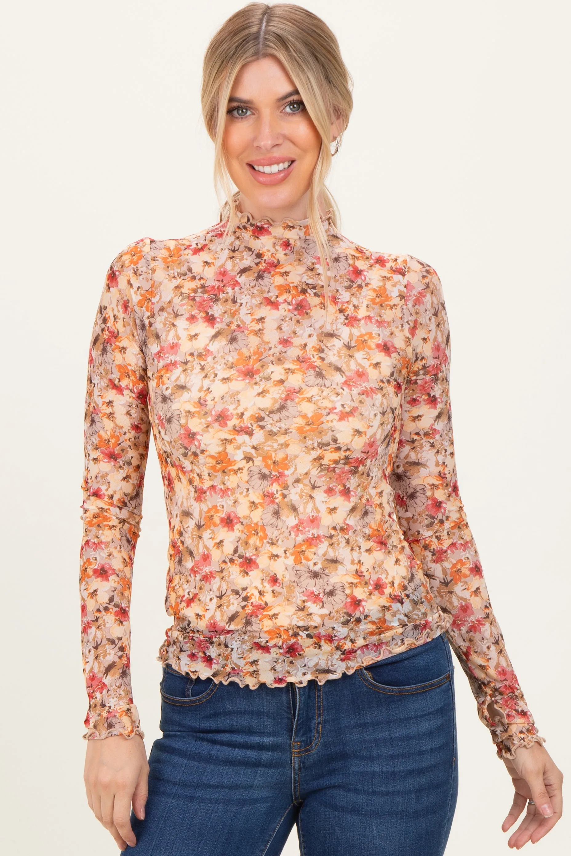 Taupe Floral Mesh Mock Neck Long Sleeve Top sold by Pinkblush product image thumbnail 2