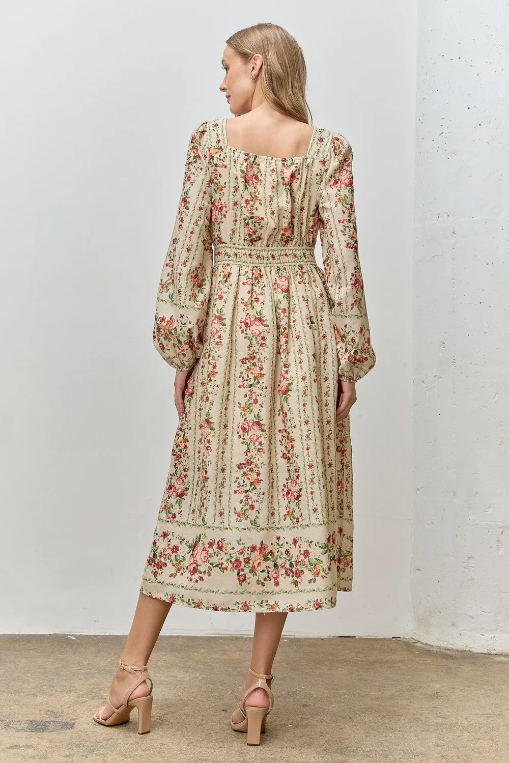 Cream Floral Stripe Button Down Long Sleeve Midi Dress sold by Pinkblush product image thumbnail 3