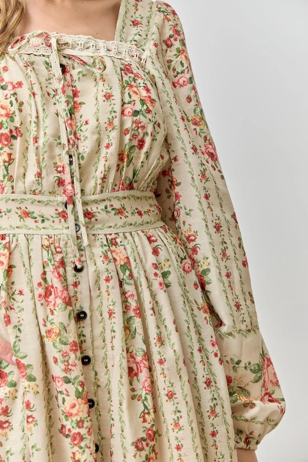 Cream Floral Stripe Button Down Long Sleeve Midi Dress sold by Pinkblush product image thumbnail 4