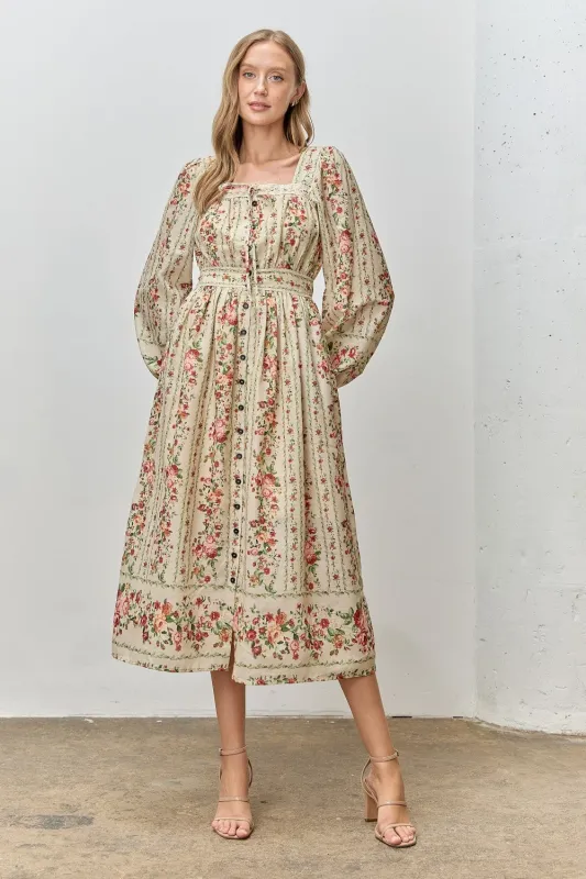 Cream Floral Stripe Button Down Long Sleeve Midi Dress sold by Pinkblush